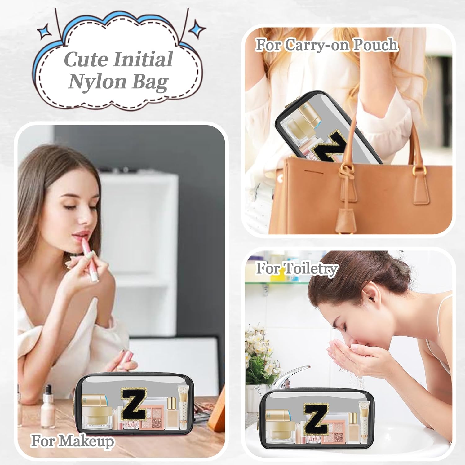 Small Clear Personalized Initial Makeup Bag, Preppy A-Z Chenille Letter Patch Cosmetic Bag, Cute Transparent Nylon Waterproof Zipper Beach Varsity Letter Pouch, Gift for Women Girls(Black-Black Z) - Image 5