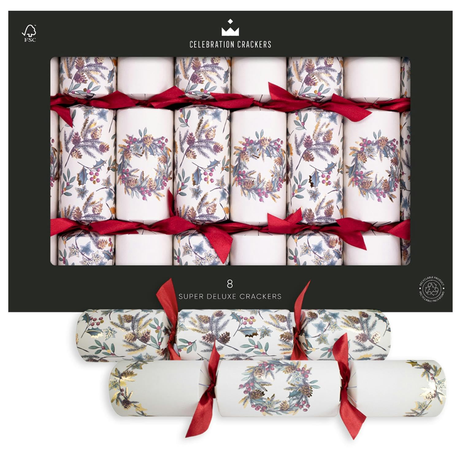 Celebration Crackers Natural Wreath Luxury Christmas Crackers – 8x 14 Inch – FSC Mix Eco Super Deluxe Crackers – Recyclable Packaging, Metal Gifts, Sustainable Celebration