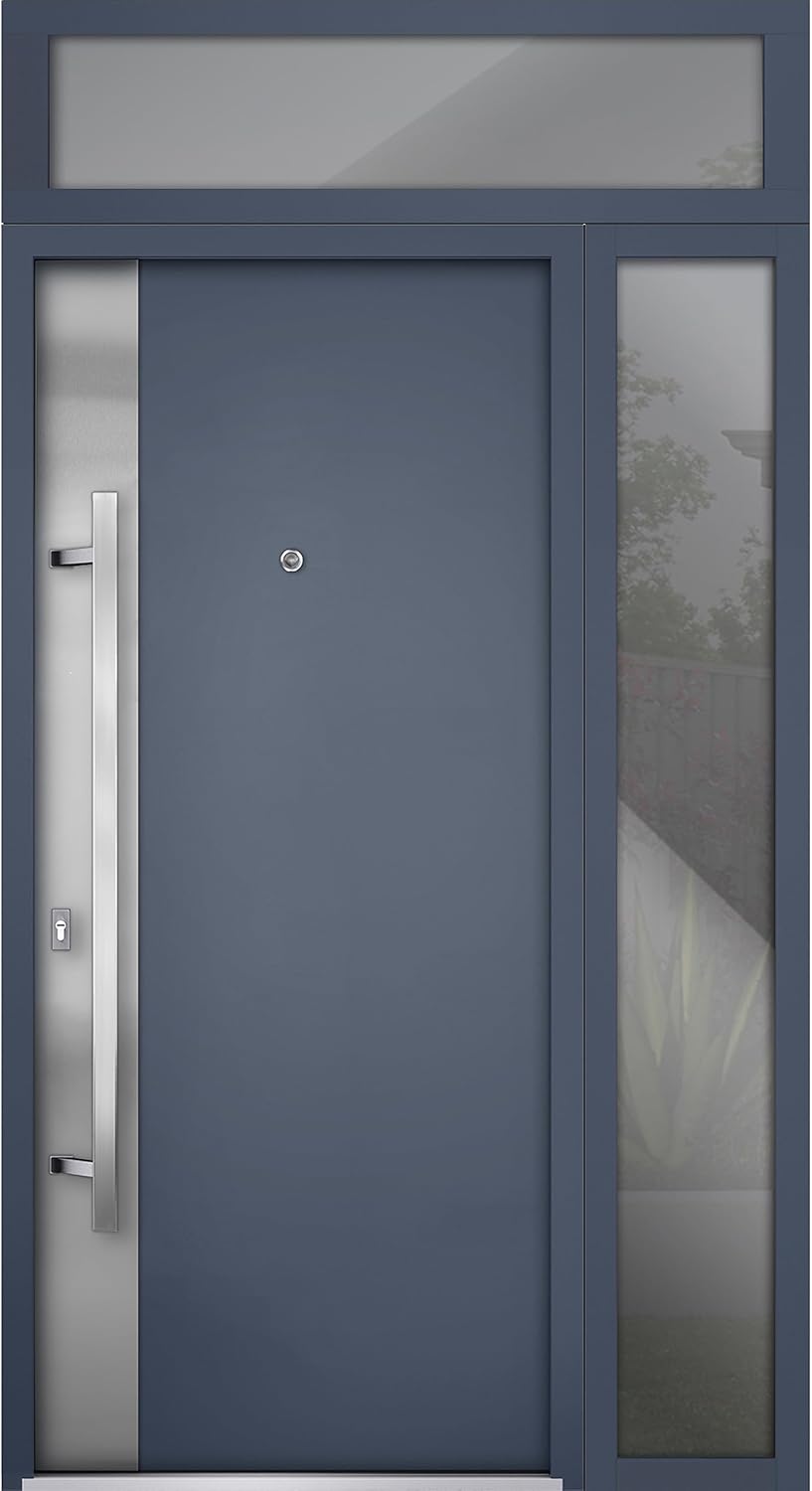 VDOMDOORS Front Exterior Prehung Steel Door/Deux 0729 Gray Graphite/Side and Top Exterior Window/Stainless Inserts Single Modern Painted-W36+16" x H80+16"-Right-Hand Inswing