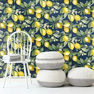 RoomMates RMK11657WP Lemon Zest Yellow and Navy Peel and Stick Wallpaper...