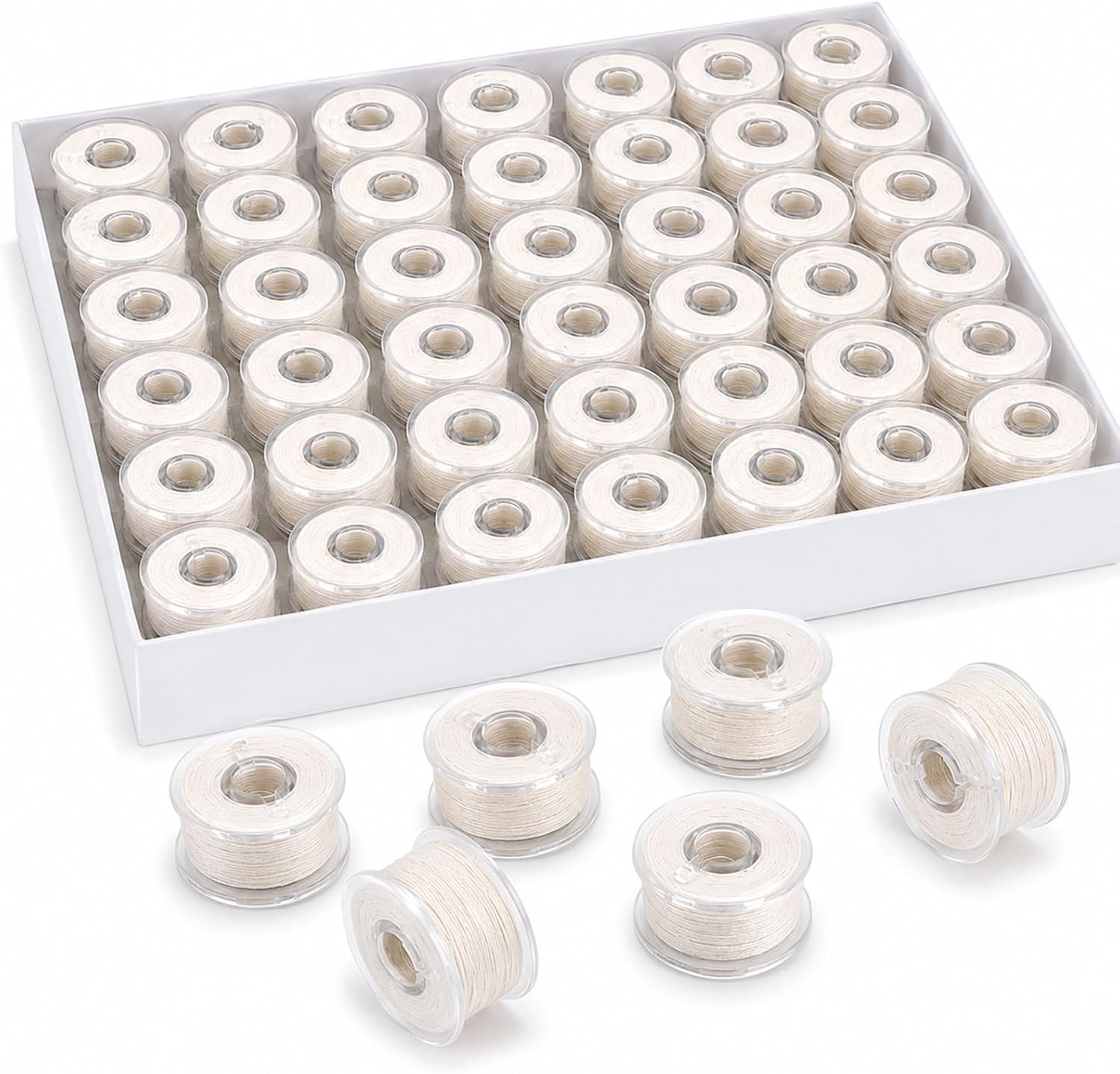 48 Pcs Cotton Prewound Bobbin Thread,White,40s/2(60wt) | Natural Cotton Thread, Class 15 Plastic Bobbins Compatible with Size A SA156, For Sewing Machine Quilting and Embroidery
