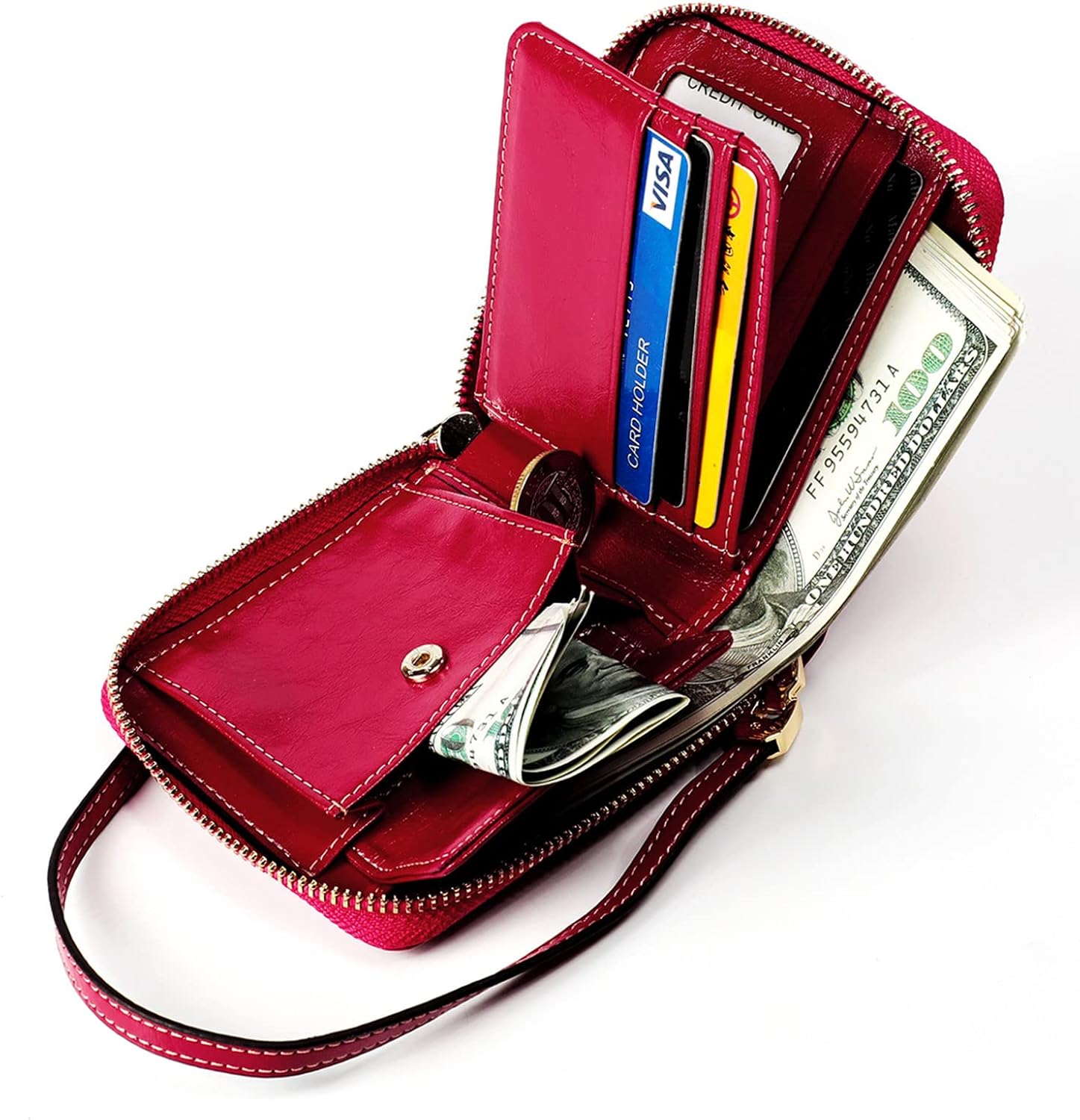 Small Zip Around Wallet for Women,Genuine Leather RFID Blocking Wristlet Clutch Luxurious Credit Card Holder (Small, Ross Red), WL-008