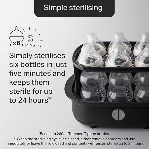 Tommee Tippee Supersteam Electric Steam Steriliser, Black, for Baby Bottles, Soothers and Feeding Accessories, Kills Viruses* and 99.9% of Harmful Bacteria, 5-Minute Sterilisation Cycle - 3