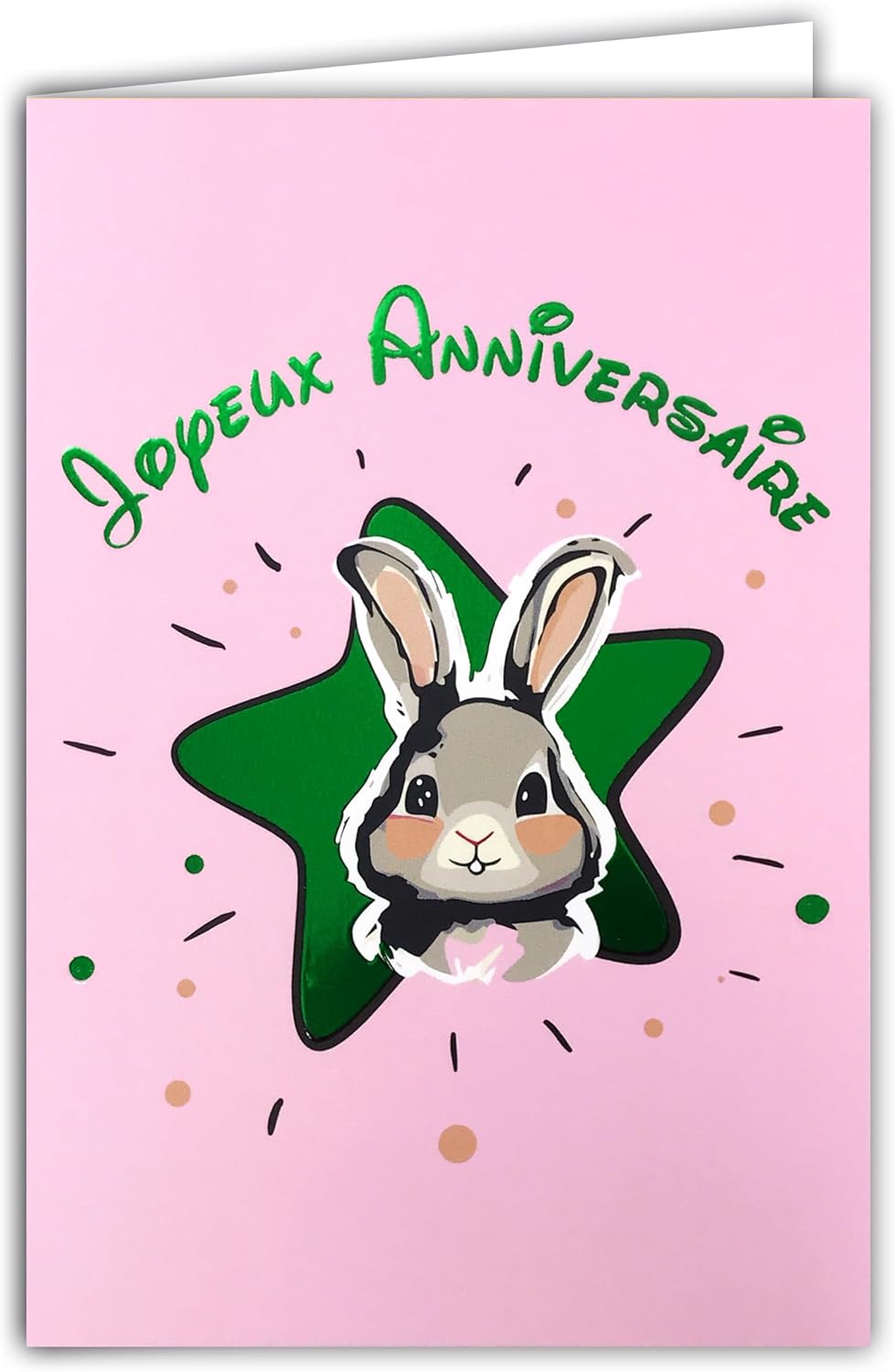 69-9029 Happy Birthday Card Little Cute Rabbit for Children Girl Boy + Envelope 12 x 17.5 cm Green Star Rabbit Soft Pink Inside White Creation Print Made in France
