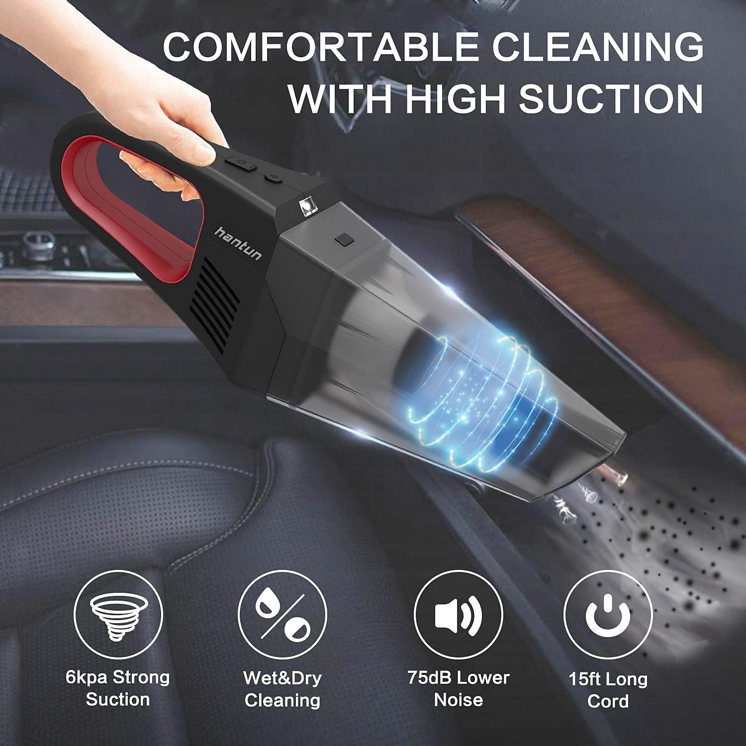 Corded Car Vacuum, Hantun Car Vacuum Cleaner High Power DC 12V 6000 Mpa with 15" Cord, Mini Portable Handheld Car Vac,Wet Dry Strong Suction for Deep Clean,Washable HEPA Filter : Automotive