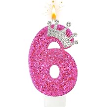 Pink Number 6 Birthday Candle for Girls, Glitter Princess Crown Cake Topper, Sparkle Pink Second Birthday Decorations, 6nd Birthday Party Supplies