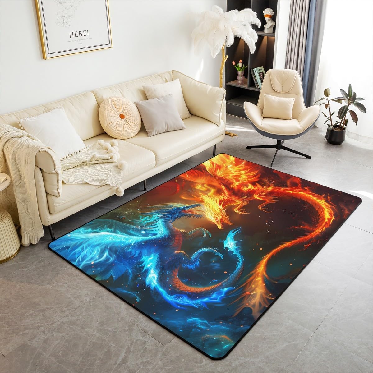 Castle Fairy Western Dragon Area Rug Blue Orange Red Fighting Animals Indoor Floor Mat for Kids Teens Adults Watercolor Wildlife Magical Style Non Slip Rug for Living Room Couch 3'x5'