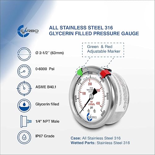 Miniatura 10 de Manómetro de 2 1-2", Todas las piezas humedecidas de acero inoxidable, caja, conexión, relleno de líquido, 0-300 psikPa, montaje trasero 14" NPT