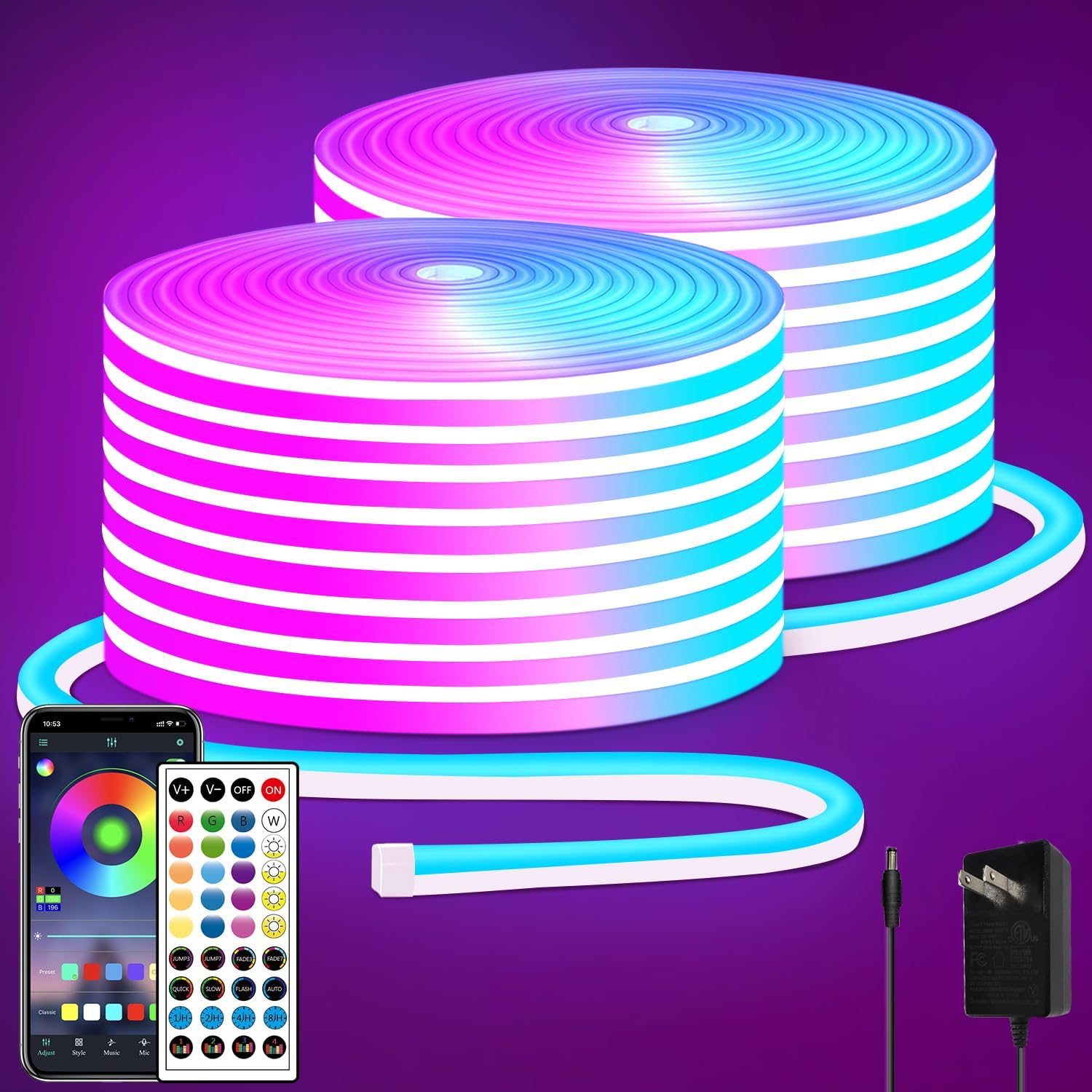 segrass 100FT RGB LED neon Rope Lights LED neon Lights with Remote/APP Control 24V IP65 Waterproof Flexible Neon LED Strip Lights for Bedroom Room Outdoors Decor(2 Rolls of 50ft)