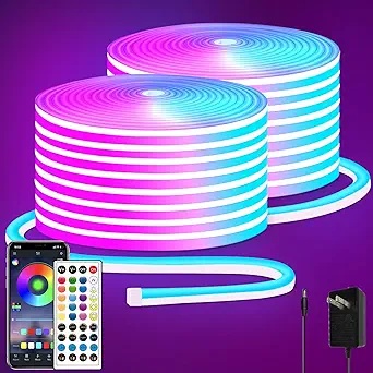 100FT RGB LED neon Rope Lights LED neon Lights with Remote/APP Control 24V IP65 Waterproof Flexible Neon LED Strip Lights for Bedroom Room Outdoors Decor（2 Rolls of 50ft）