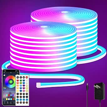 segrass 100FT RGB LED neon Rope Lights LED neon Lights with Remote/APP Control 24V IP65 Waterproof Flexible Neon LED Strip Lights for Bedroom Room Outdoors Decor(2 Rolls of 50ft)