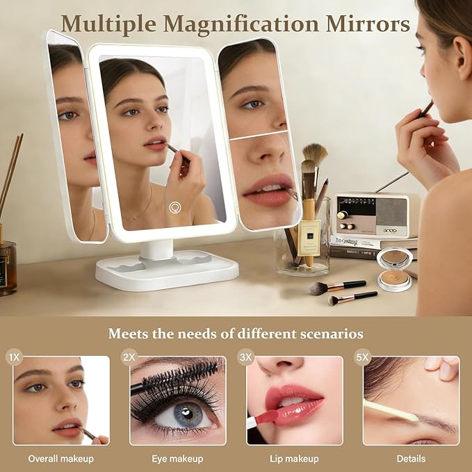 Espejo de Maquillaje con Luces, Plegable Recargable, Aumento 1X/2X/3X, Blanco miniatura 4