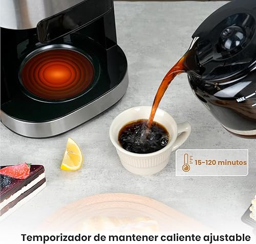 Miniatura 7 de Gevi Cafetera de 10 tazas con molinillo de rebabas integrado, temporizador programable, tanque de agua de 1.5L, filtro reutilizable y placa de