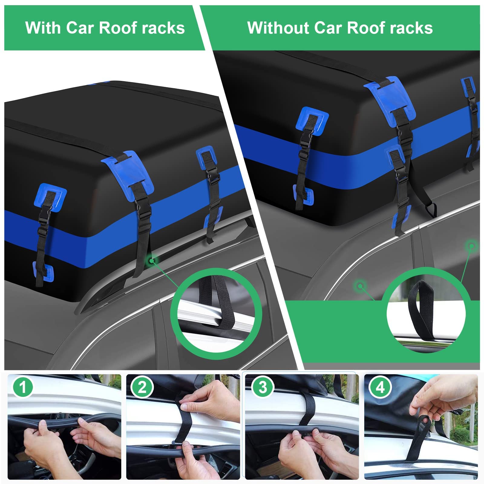 Extra Grand Sac Coffre De Toit Voiture 651L 23 Cubic Ft Souple Pliable avec/sans Barre De Toit 700D PVC étanche avec Attache Coffre De Toit Tapis Antidérapant 10pcs Sangles Renforcées 6 pcs Crochets