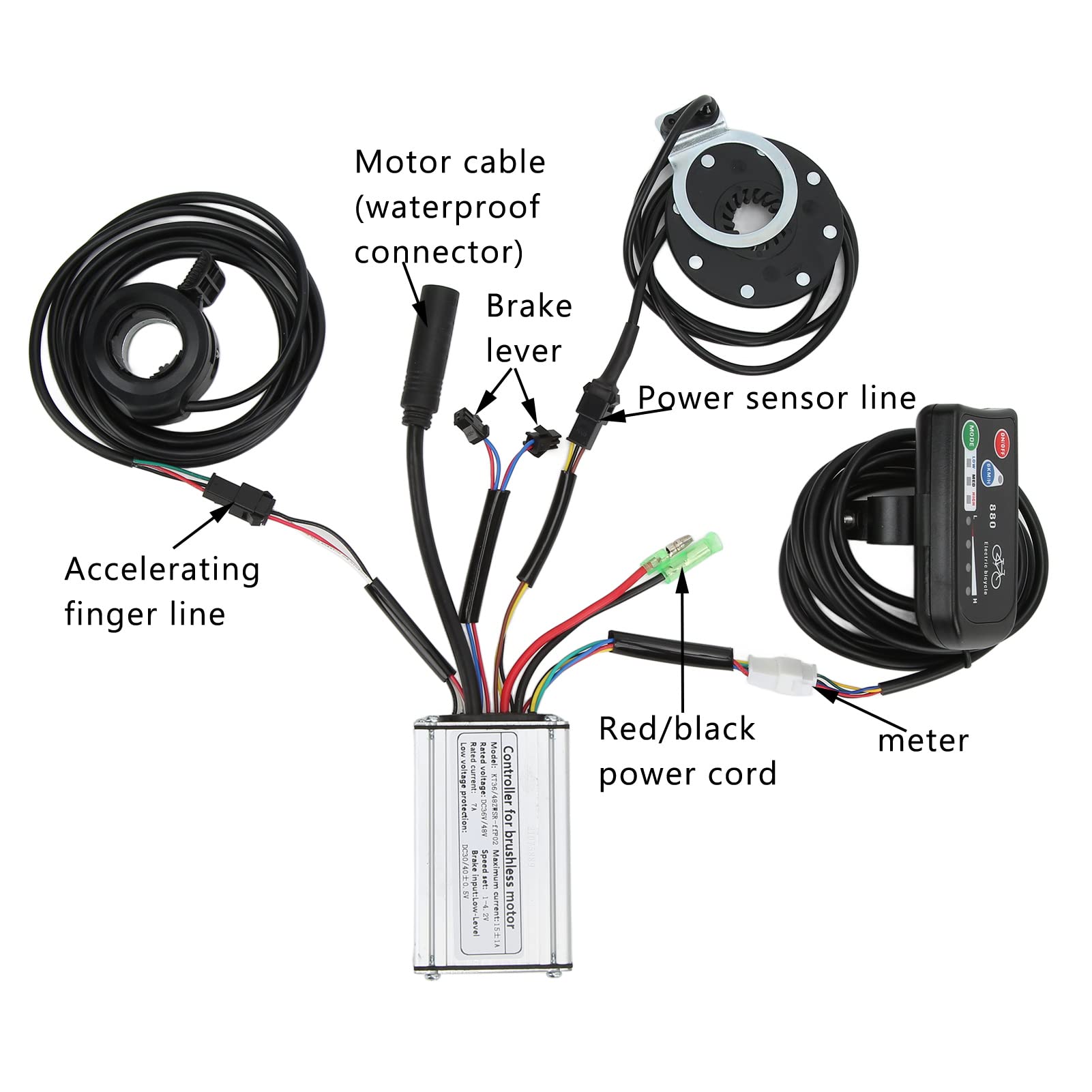 BuyWeek Kit Controller Motore per Bici Elettrica per KT Controller 36V 48V 15A 250W Bicicletta Elettrica Regolatore a Onda Quadra con Misuratore Display LED880 Acceleratore 130X