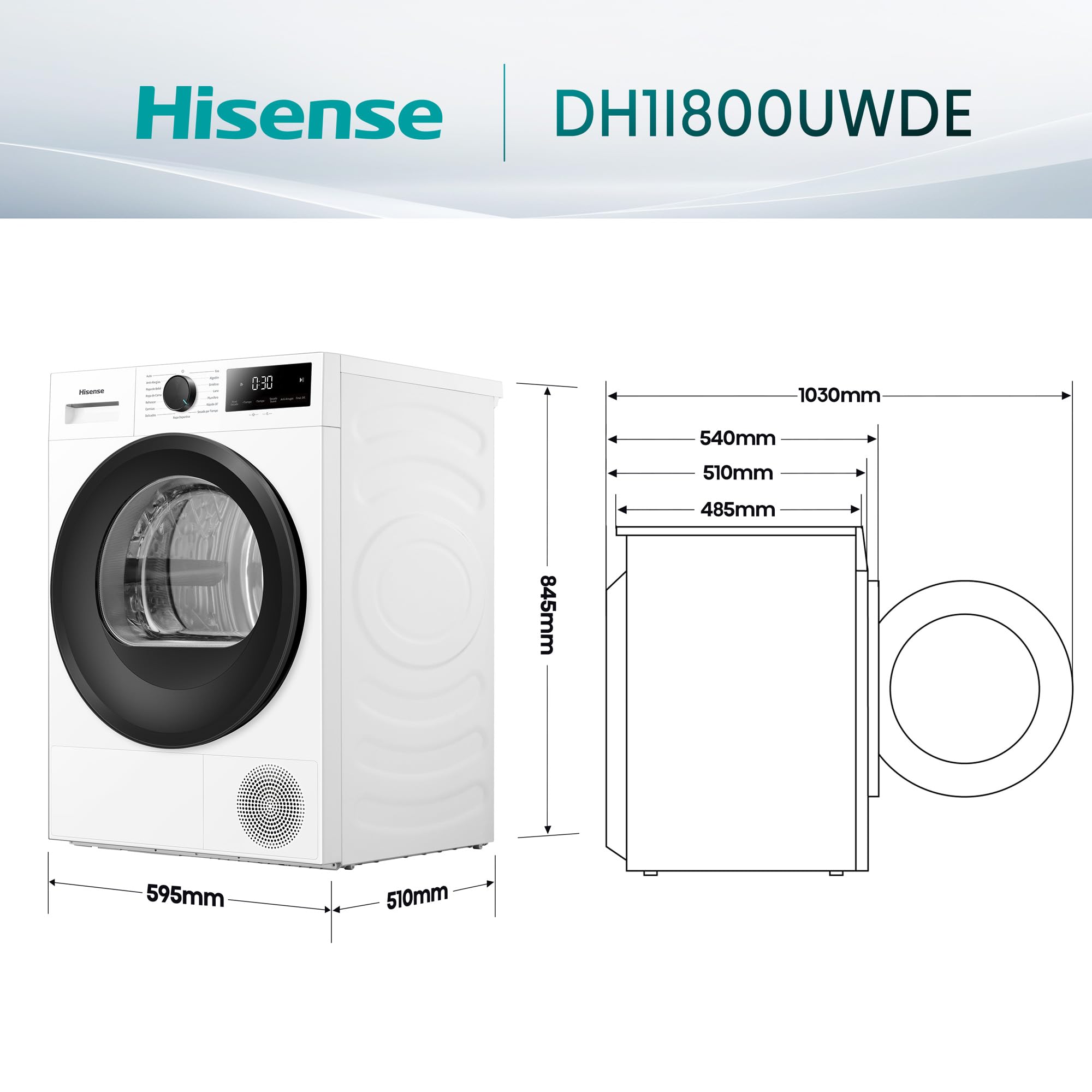 Hisense DH1I800UWDE - Secadora de Ropa 8Kg, Clase D, Secado Automático Auto Dry, Secado Rápido, Secado Delicado, Allergy Care, Filtro de Aroma, Puerta Antienredos, Blanco