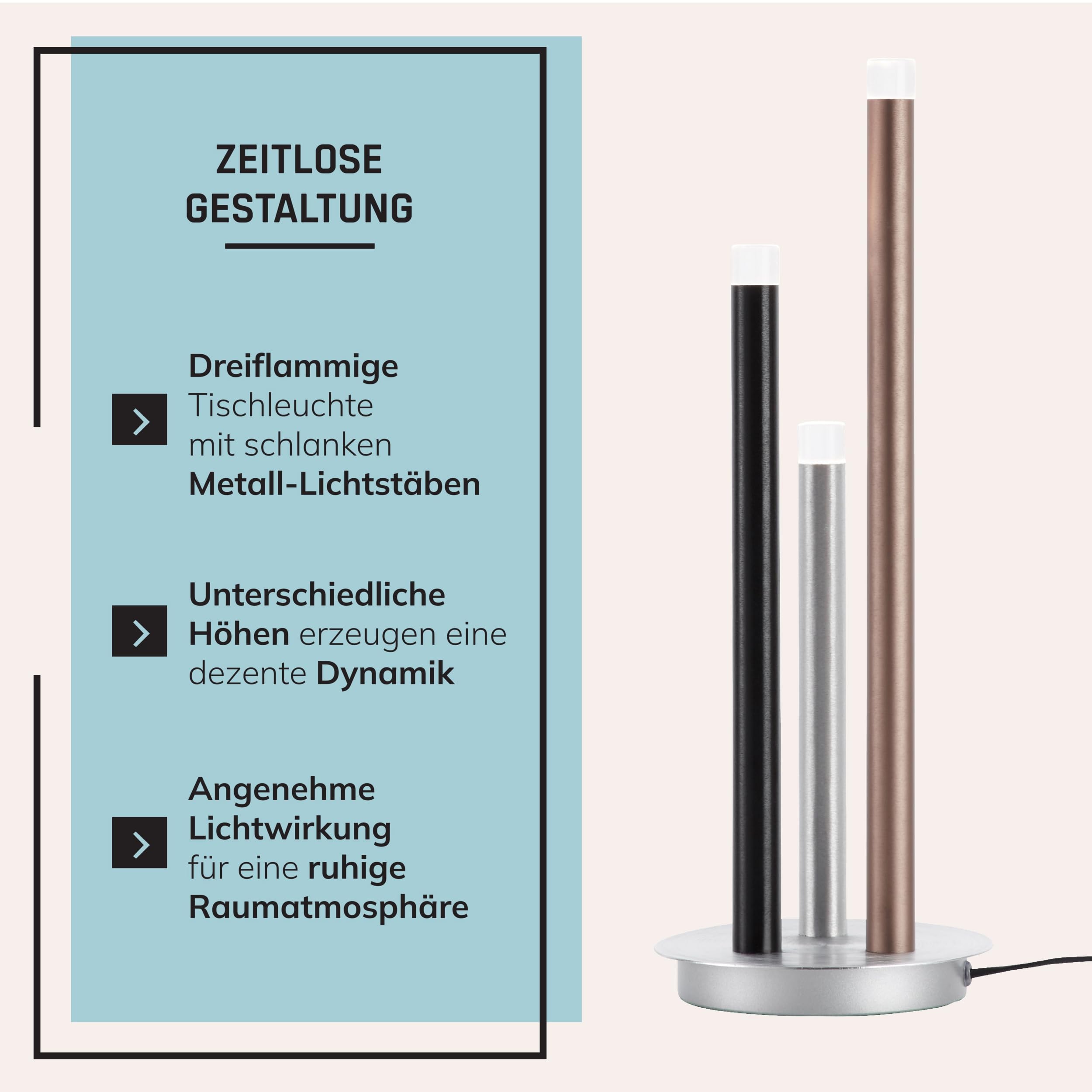 Lightbox LED Tischlampe - moderne Tischleuchte 3-flammig - 3-Stufen-dimmbar - Lampe für Wohnzimmer, Schlafzimmer & Fensterbank - inkl. LED