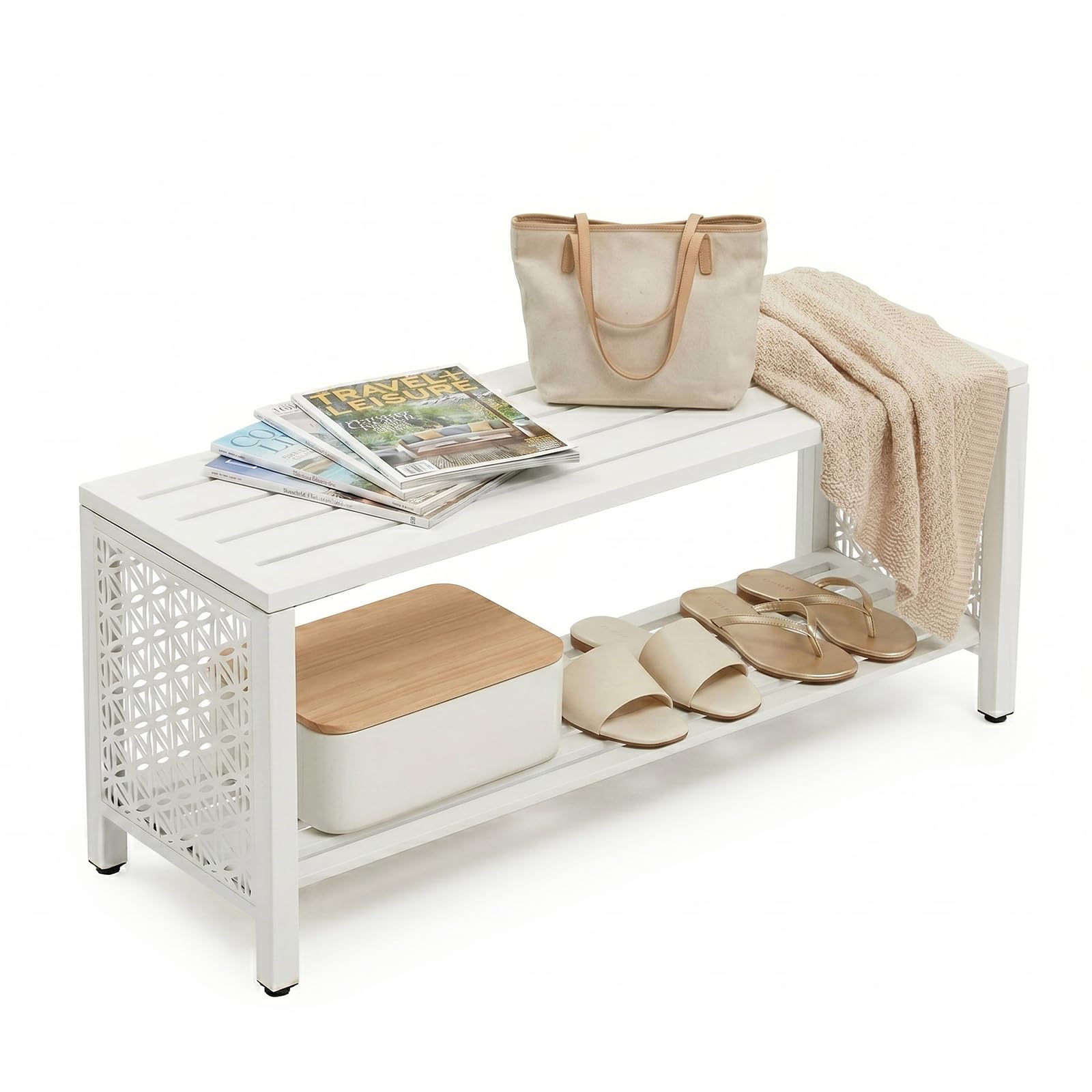 VINGLI Metal Garden Bench w/Storage Rack, Backless Bench, 100cm, White