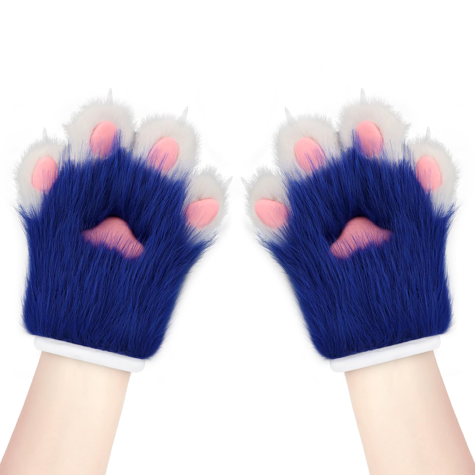 hbbhml Faux Fur Plush Furry Cat Claw Gloves Fursuit Animal Fox Paws Mittens Halloween Cosplay Costume Accessories for Adult: Blue