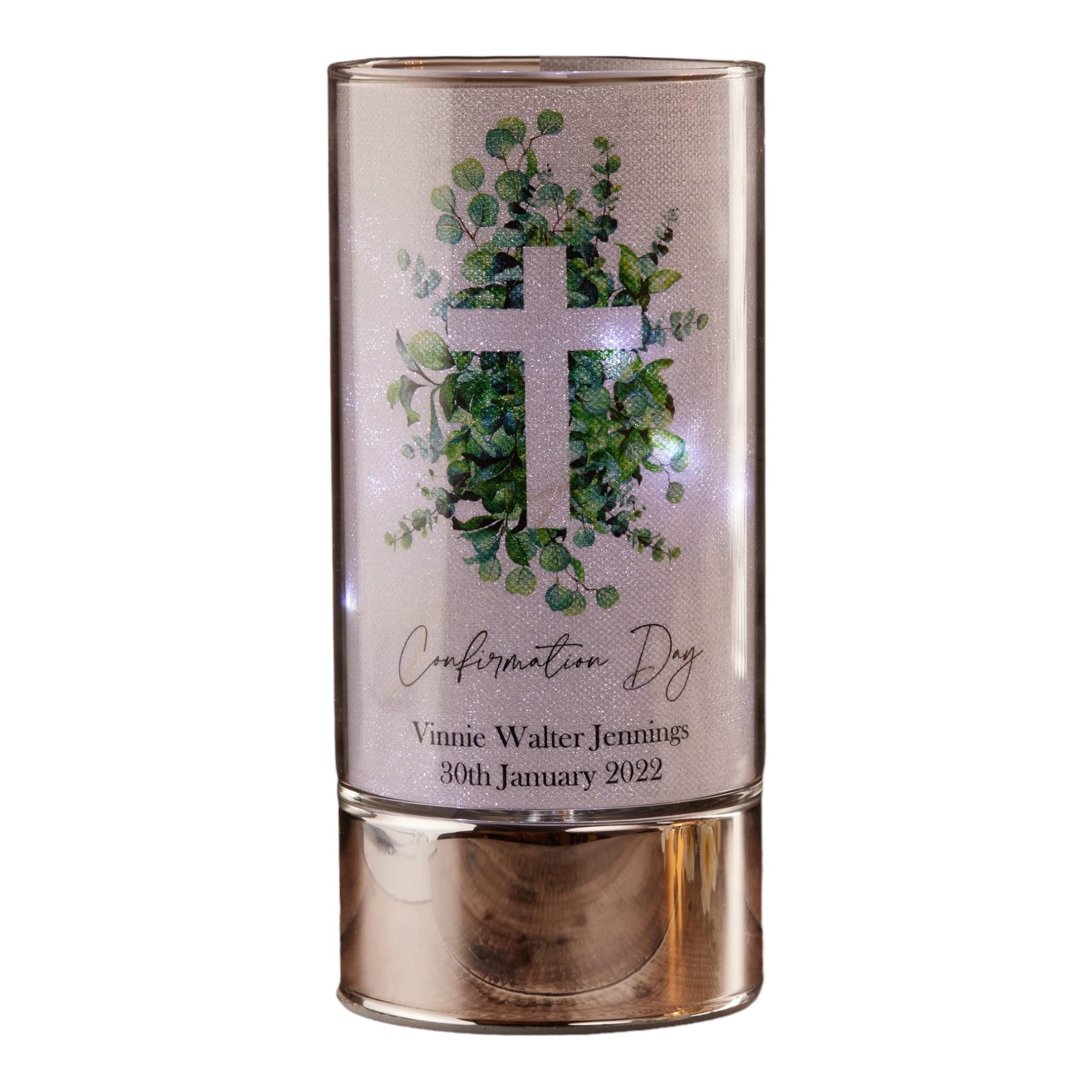 ukgiftstoreonline Personalised Confirmation Day Light Up Night Light Gift with Green Cross