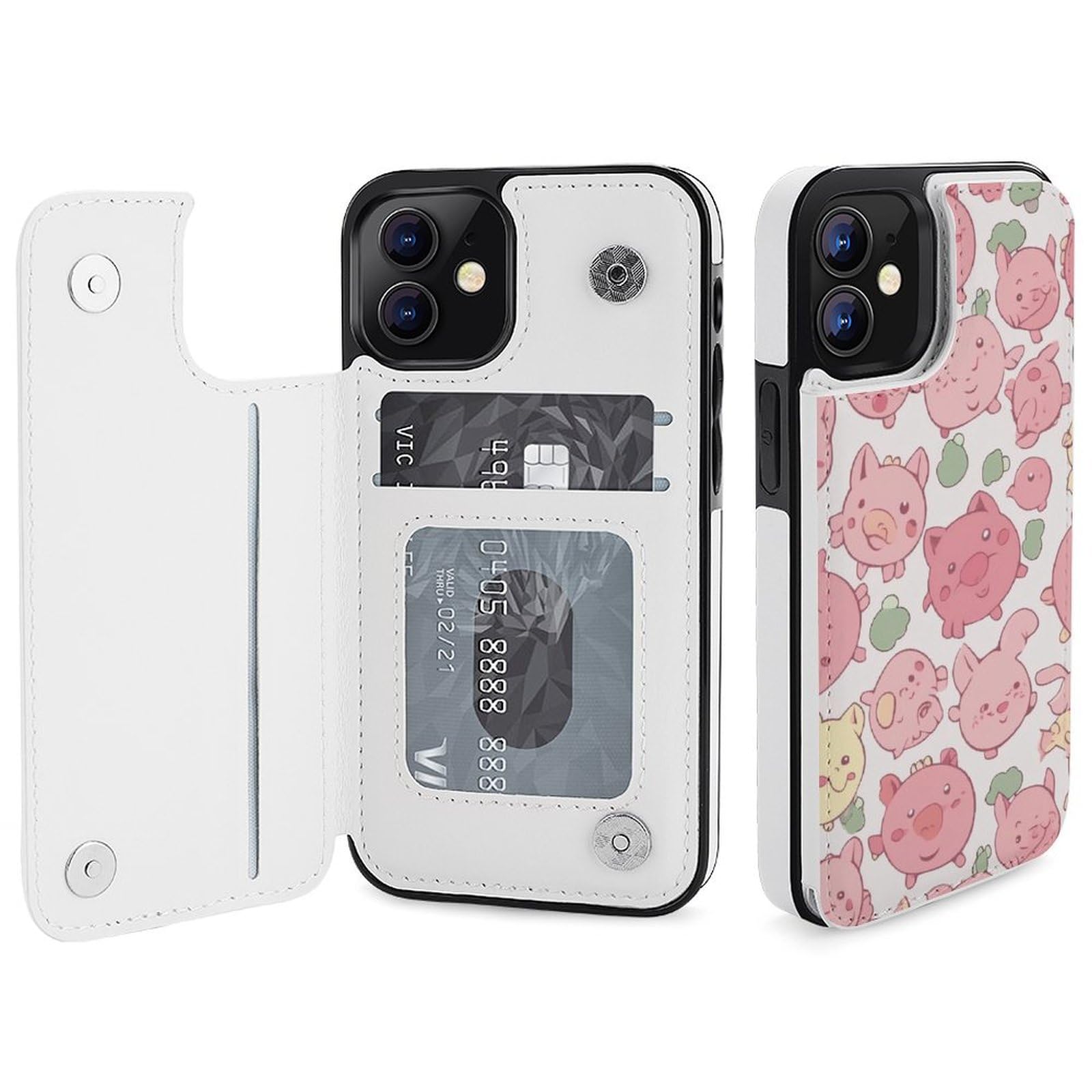 Fundas tipo cartera para iPhone 12, diseño de cerdos de dibujos animados, funda de piel con ranuras para tarjetas