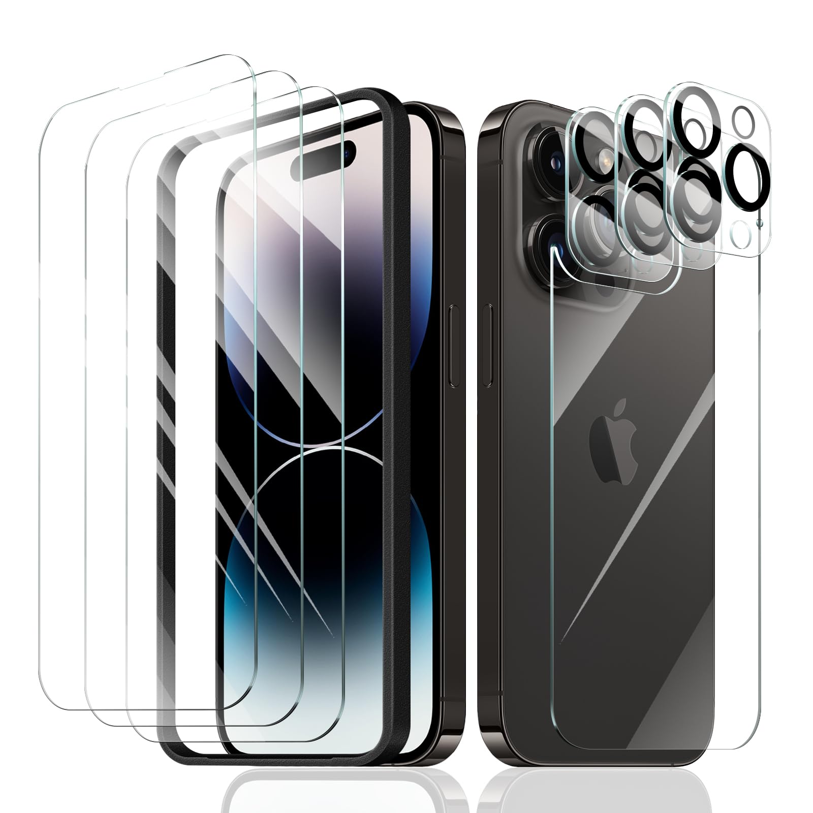 Fynorao 3+3+1+1-Pack, Screen Protector and Camera Lens Protector for iPhone 14 Pro with Back Tempered Glass Film & Installation Alignment Aid,