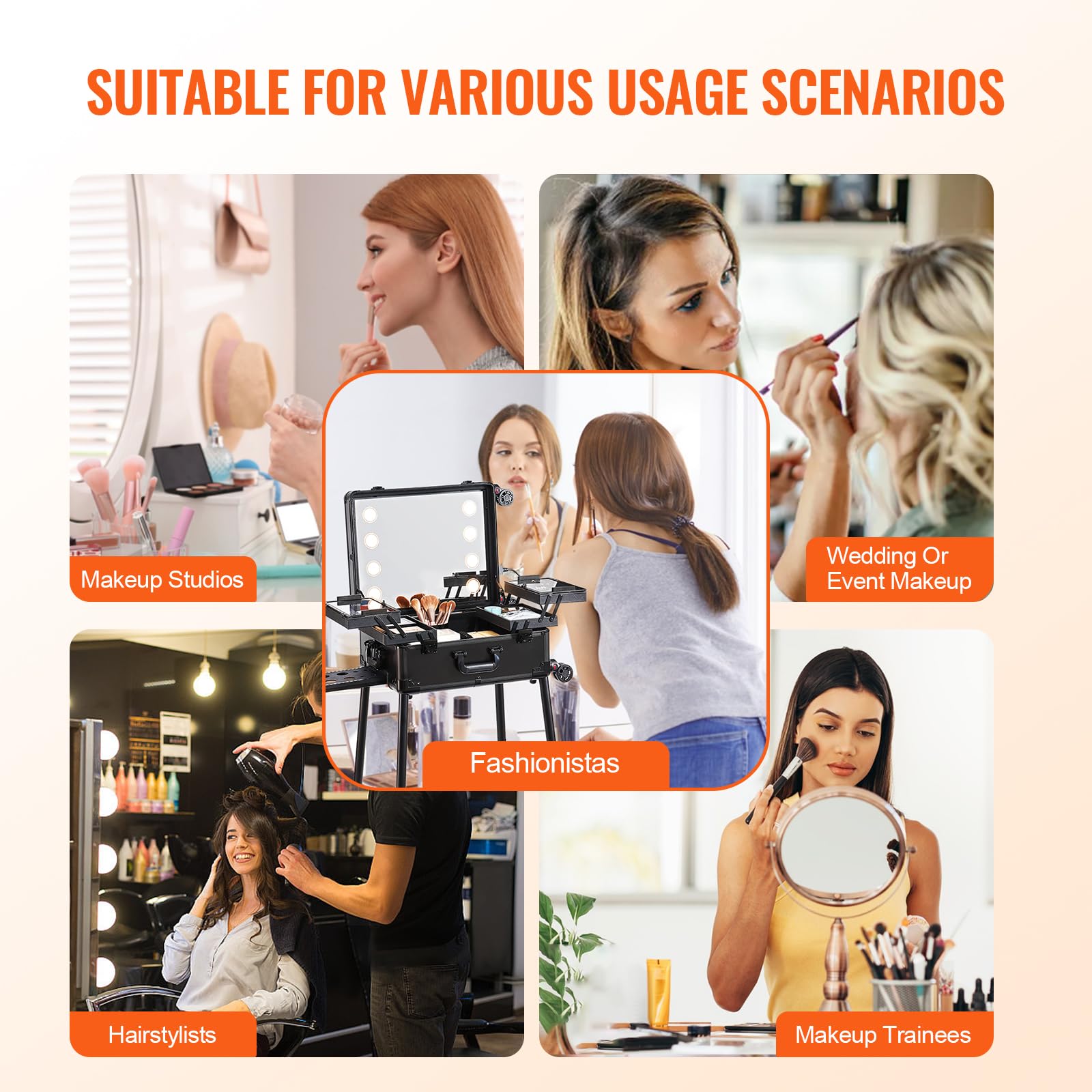 VEVOR Valigetta Portatile Astuccio per Trucco con Serratura con Specchio 4 Vassoi Porta Pennelli, Valigetta Astuccio per Matite, Scatola Trucco per Cosmetici Rotelle Girevoli a 360° Supporto Estetiche