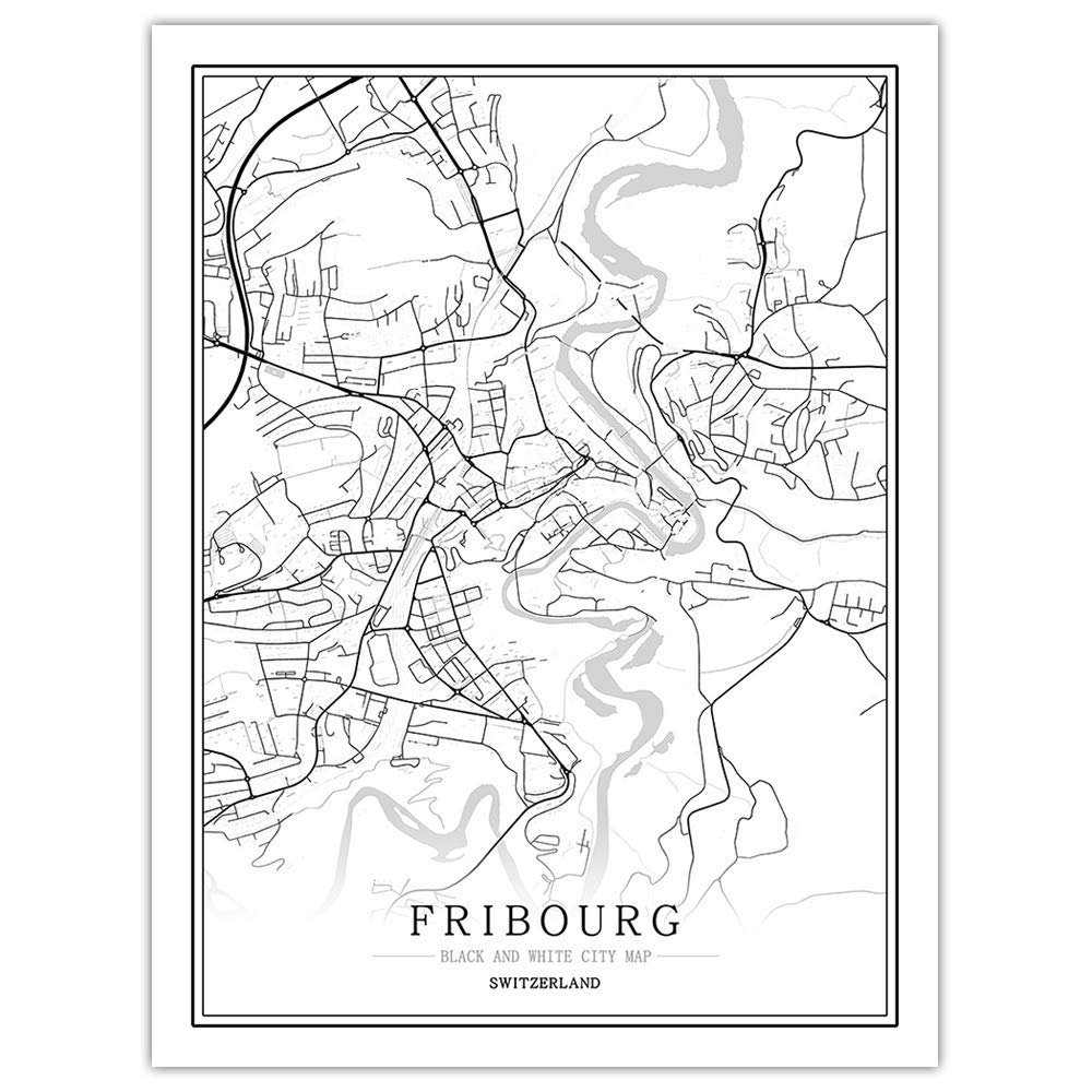 Carte de la ville Fribourg Suisse peinture noir blanc pour mur de salon vide