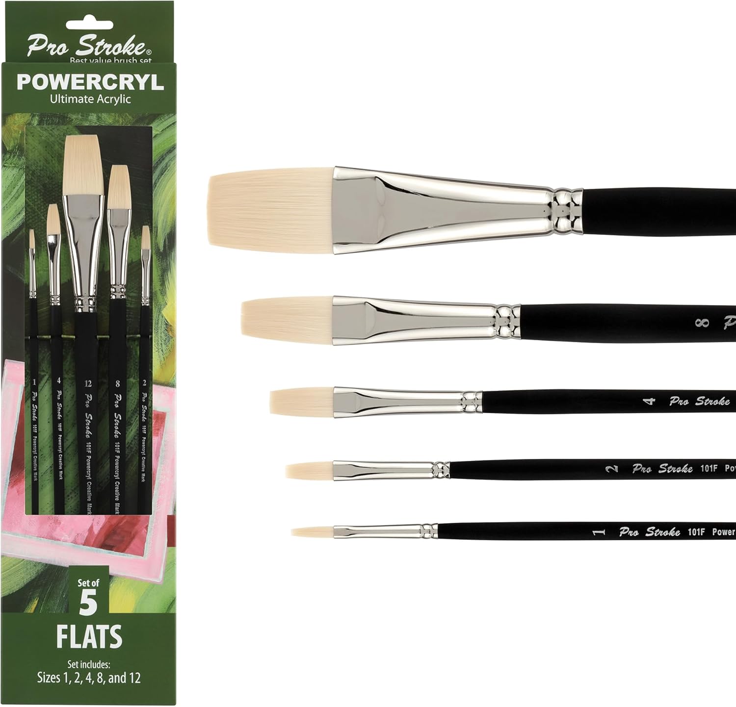 Creative Mark Pro-Stroke Powercryl Acrylic Paint Brushes - Flats Value Set of 5, Synthetic Paint Brushes for Artists, Seamless Nickel-Plated Ferrules, Matte Black Wooden Handle, Soft-Touch Grip