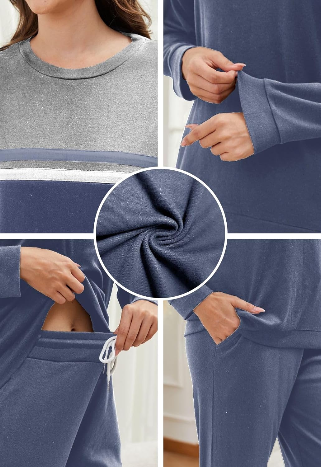 Womens Pajamas Sets Contrast Color Crewneck Long Sleeve Tops with Striped Pullover and Long Pants with Pockets - Image 6