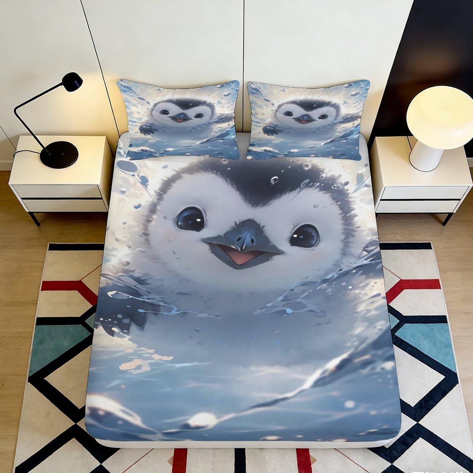 Pnayamiorkfel Style-6 3D Printed Cute Penguin Fitted Sheet Microfiber Soft Blue Cartoon Bed Cover For Bedroom Guest Room Decor Protection 90X200x25cm