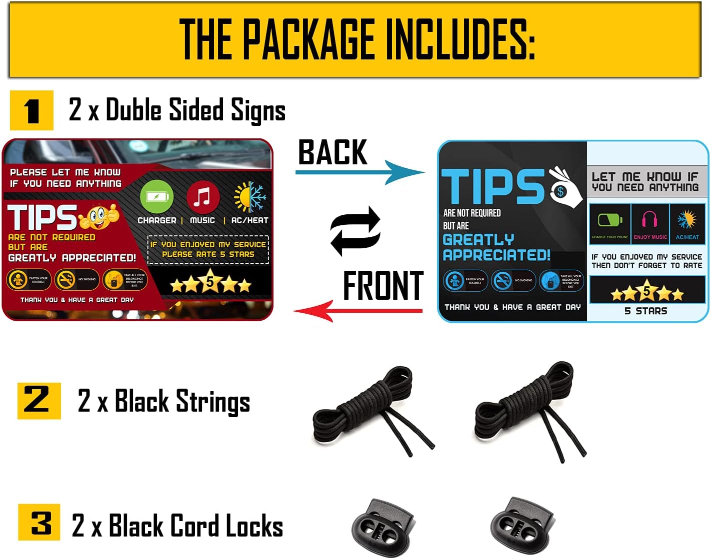 Five Star Accessories Rider-Share Sign for Driver - 5 Stars Tips Taxi Rating Appreciated Ride-Share Signs - Large 9x6 (Pack of 2)