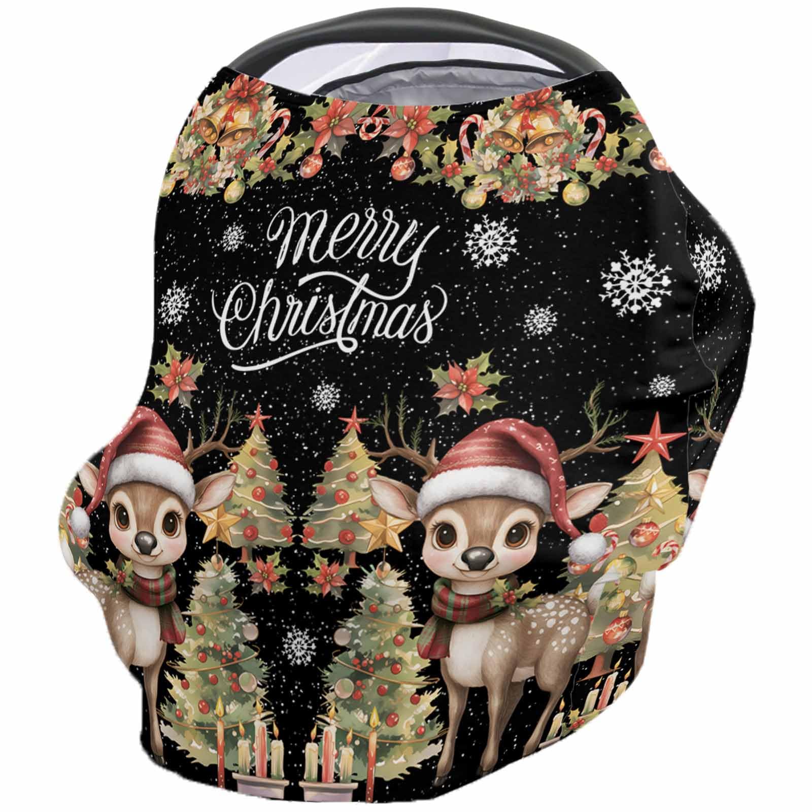 Nursing Cover for Breastfeeding Scarf, Christmas Tree Winter Deer Garland Bell Poinsettia Black Baby Car Covers Super Soft Multi Use for Canopy Shopping Cart Cover Blanket Stroller Cover