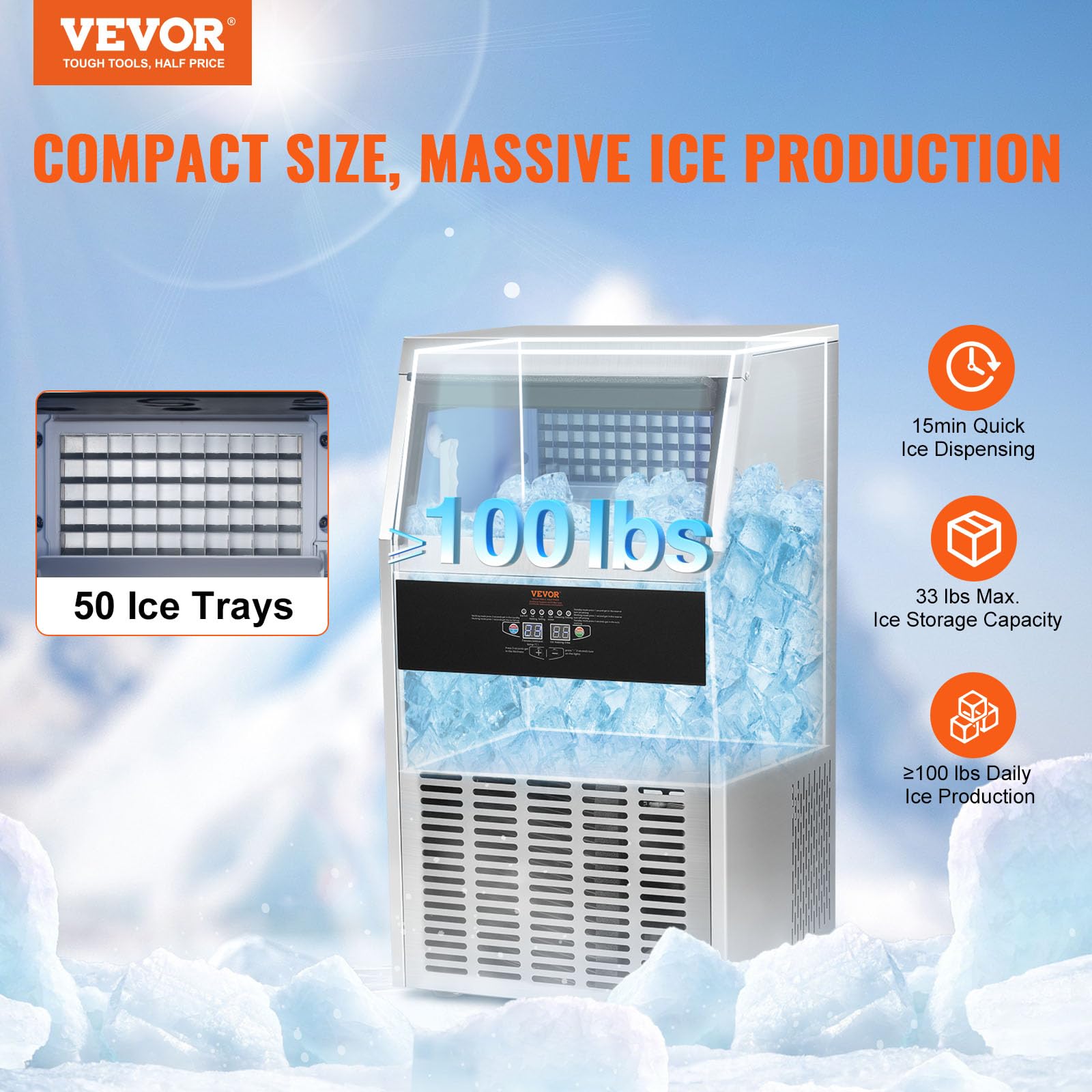 VEVOR Macchina Ghiaccio a Cubetti Uso Commerciale Compatta 47kg / 24 ore ca. con 50 Vassoi Capacità Stoccaggio di ca. 15kg, Macchina per Ghiaccio Indipendente per Bar Ristorante Hotel Albergo Festa