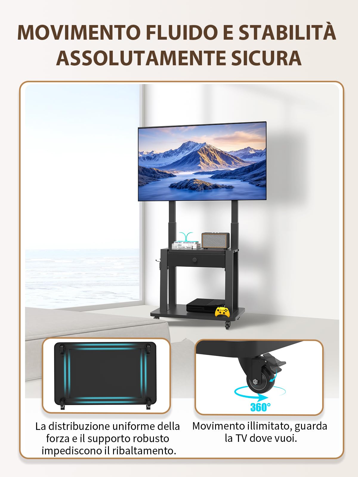 Maiproo Supporto TV con cassetto in tessuto per schermi piatti e curvi da 32 a 75 pollici, regolabile in altezza, LCD/LED/OLED, con vano portaoggetti, carrello mobile per TV su ruote fino a 100 kg
