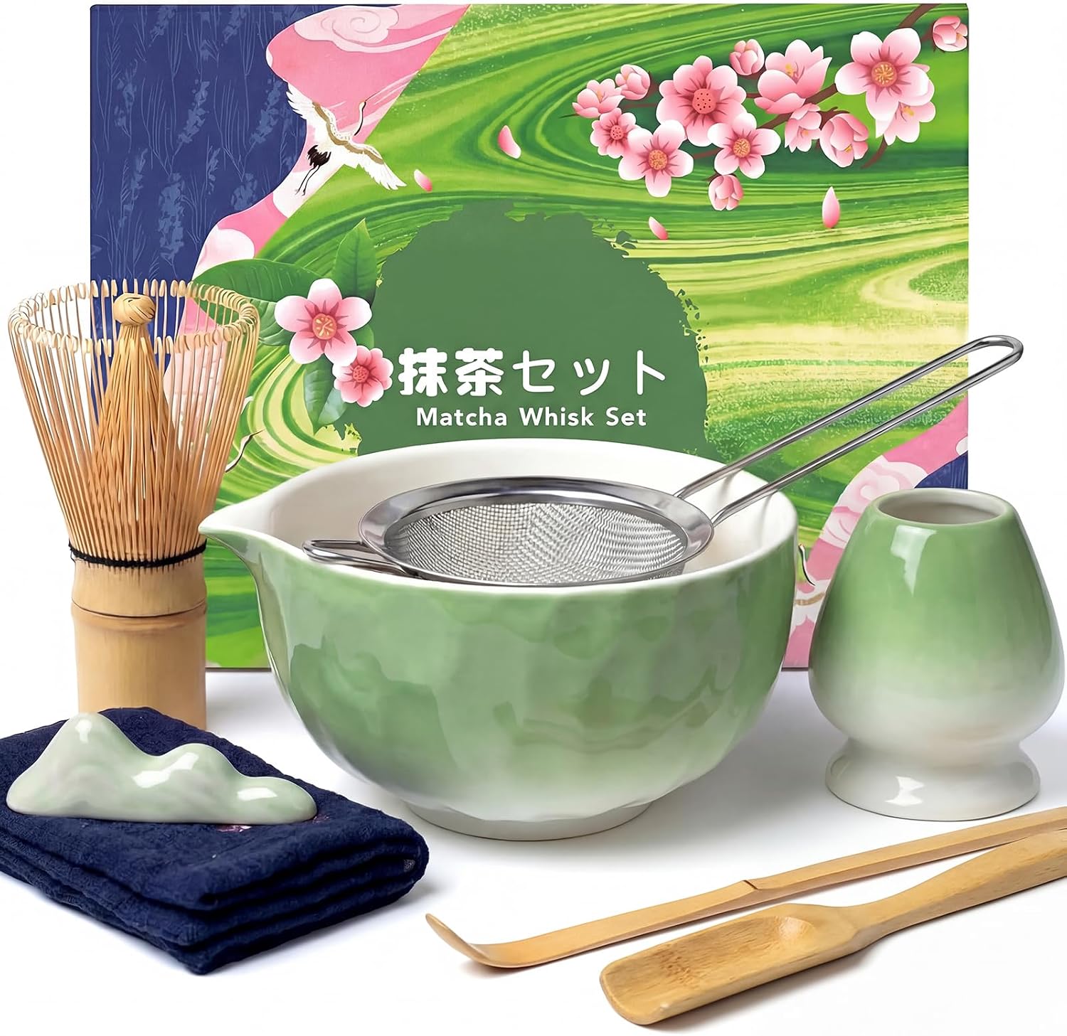 8 Pcs Matcha Whisk Set, Complete Ceramic Matcha Set Includes Bowl & Holder, Whisk, Scoop, Spoon, Tea Towel and Stainless Steel Sifter, Perfect Kit for Matcha Lovers (Pink)