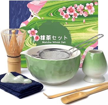 Matcha Kit 8 Pieces, Complete Matcha Tea Kit with Matcha Bowl, Matcha Whisk, Stand for Whisk, Spoon, Sieve, Cloth, Handmade Matcha Tea Kit for Matcha Lovers, Green
