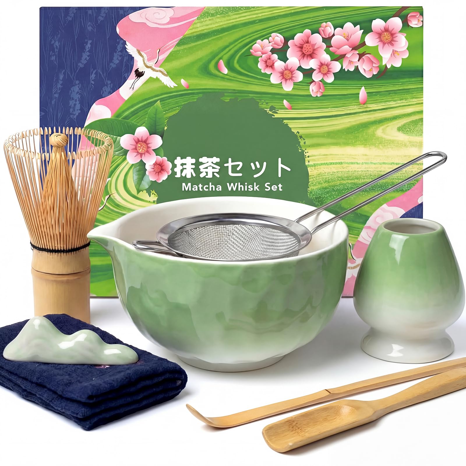 Matcha Kit 8 piezas, Kit Té Matcha Completo Con Cuenco Matcha, Batidor Matcha, Soporte para Batidor, Cuchara, Tamiz, Paño, Kit de Té Matcha Artesanal para Amantes el Matcha, Verde
