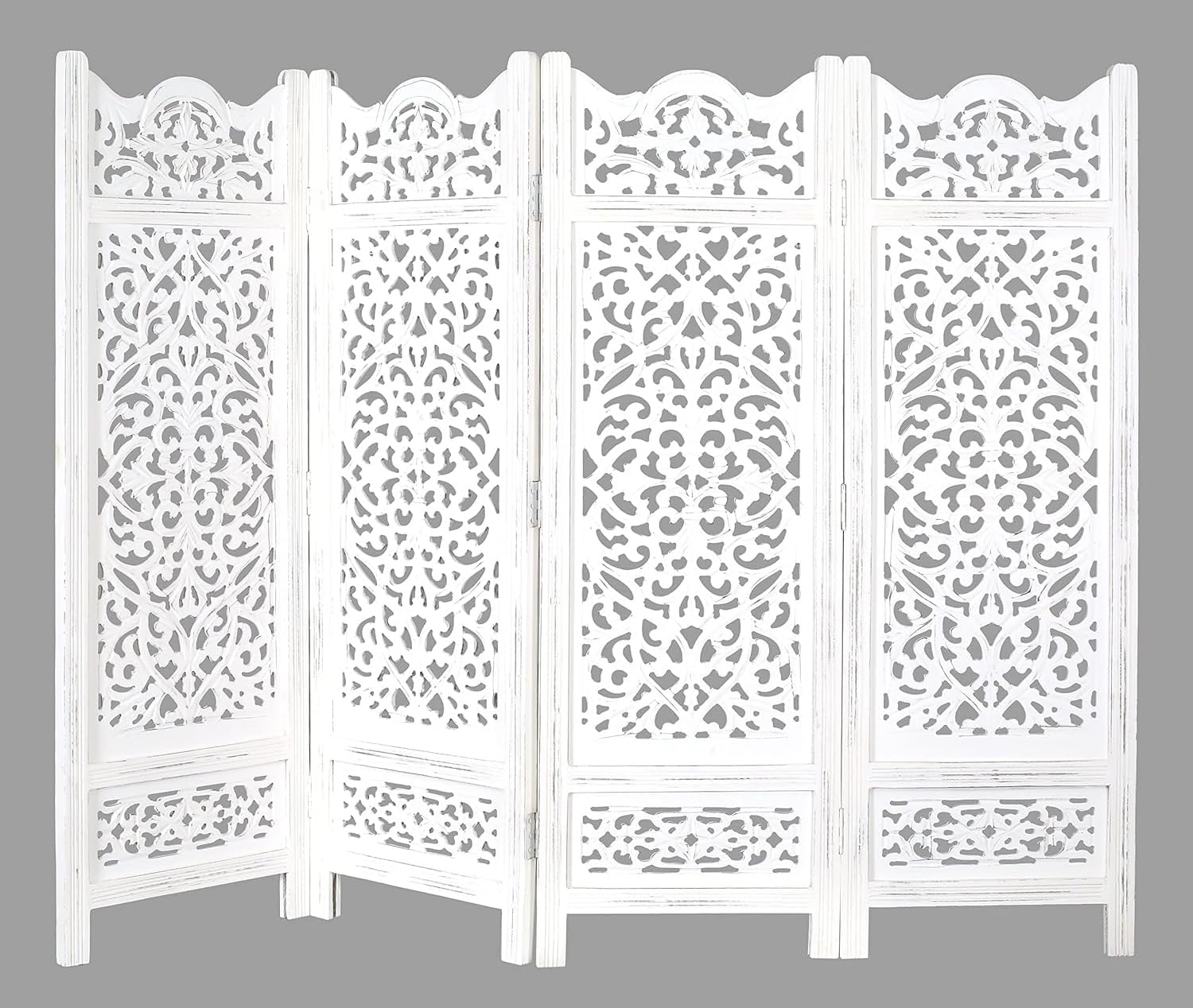 Room Divider Wood Screen Panel – Antique White, 4-Panel Folding 64"x48", Hand-Carved, Reversible Privacy Partition, Decorative & Functional Portable Room Divider for Home or Office Antique White 64"W x 48"H