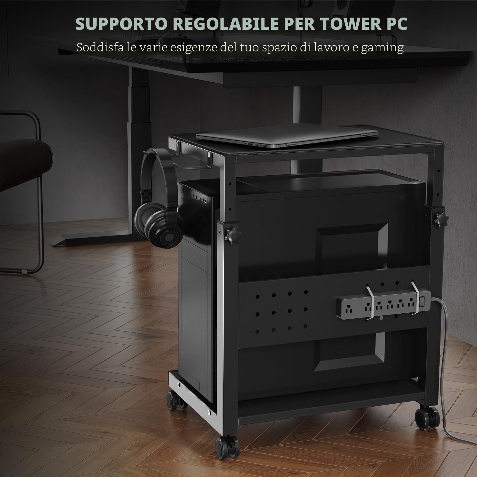 PUTORSEN Carrello per computer a torre – Carrello CPU a 2 livelli con 4 rotelle, supporto a rotelle con pannello forato e 2 ganci, altezza regolabile da 51,9 cm a 76,8 cm, per ufficio, casa e gaming