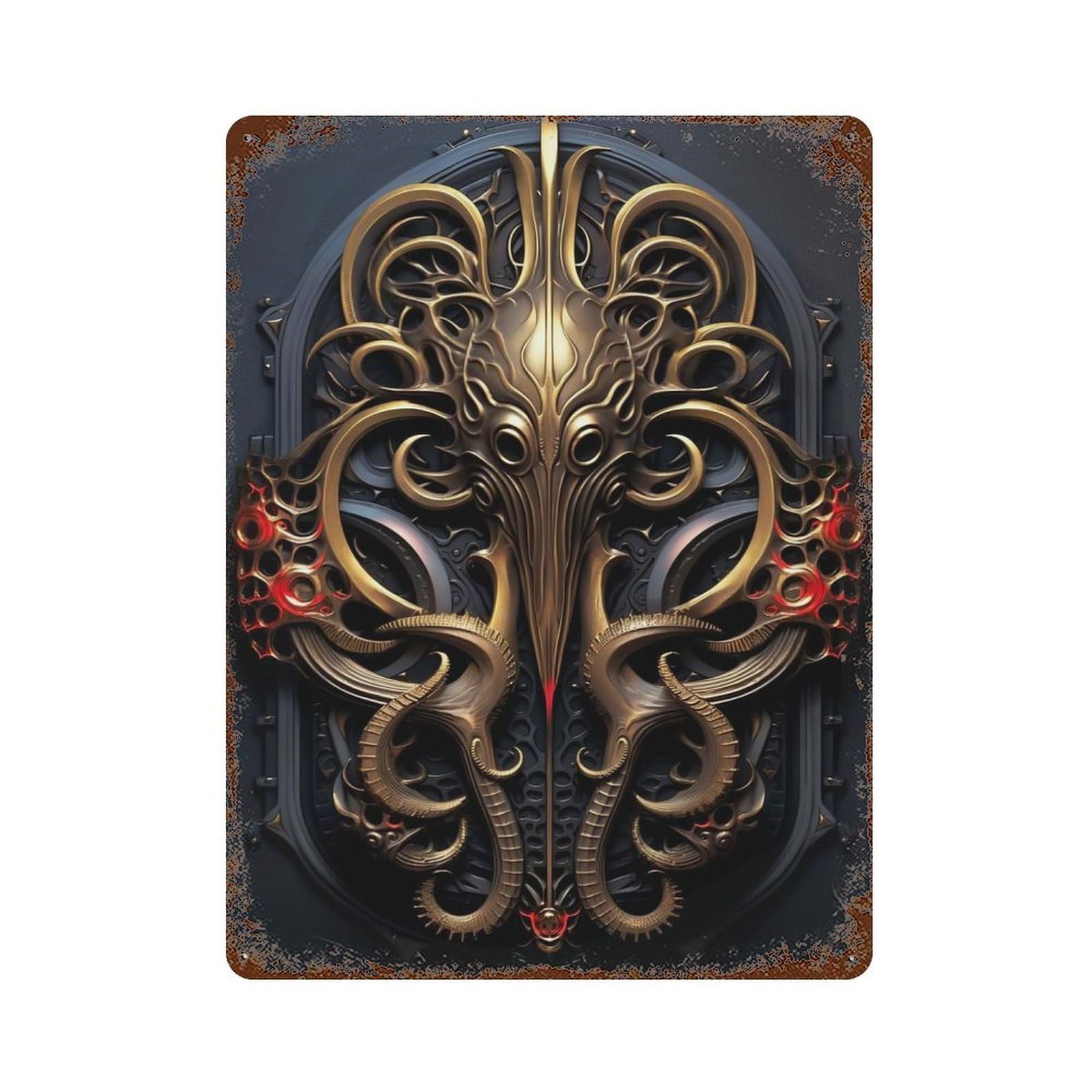 Garage Style Golden Kraken Monster Art Distressed Metal Wall Sign 15.7"x11.8", Shabby Chic Decor for Bar And Workshop