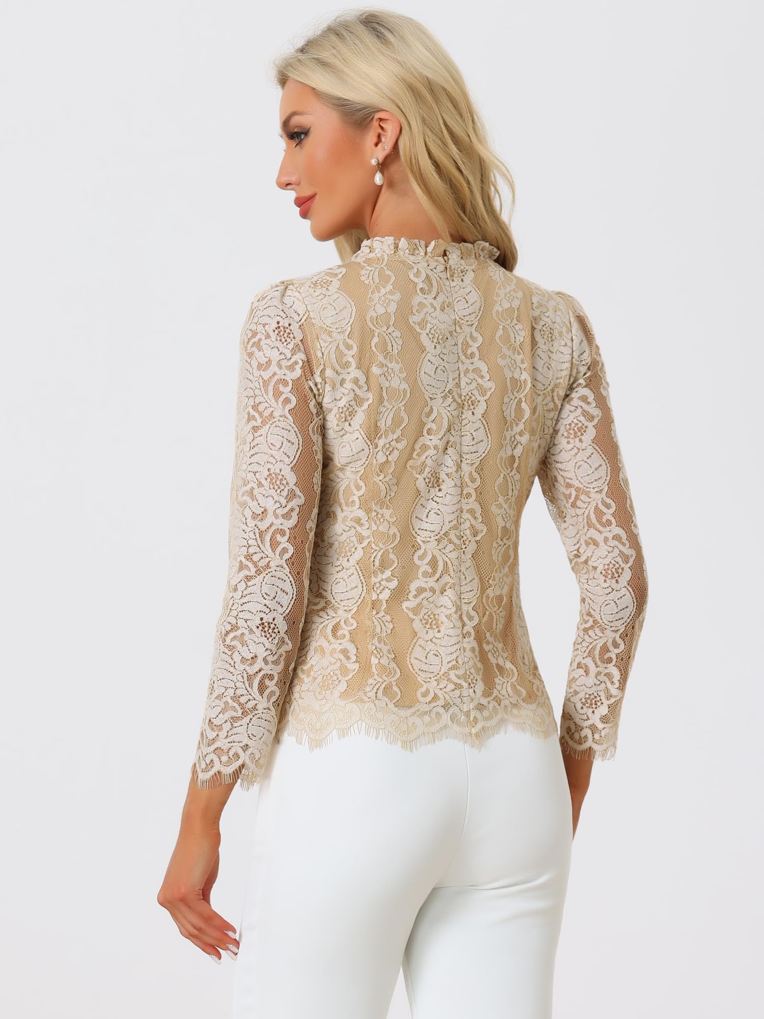 Allegra K Donna Top Pizzo Maniche Lunghe Scollo Arricciato Floreale Blusa