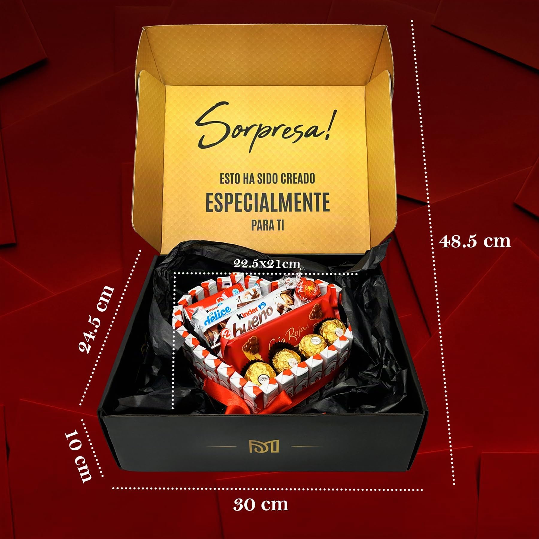 Cœur Surprise Cadeau Saint-Valentin avec +40 Chocolats et Pralines – Ferrero Rocher, Lindt Lindor, Caja Roja, Kinder – Carte Personnalisée et Présentation Spéciale