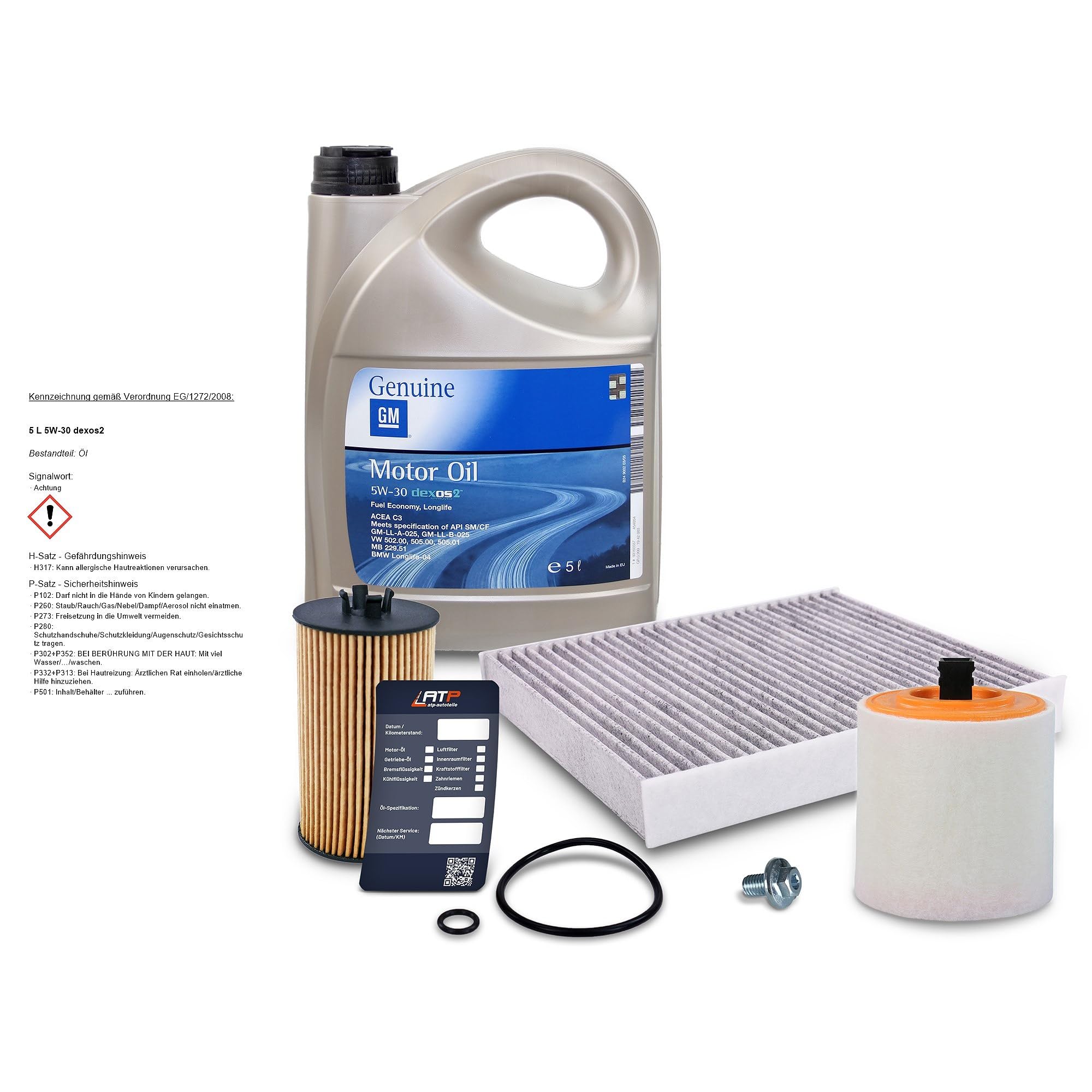 BESTPRICE Inspektionspaket Filterset mit 1x Öfilter, 1x Innenraumfilter, 1x Luftfilter, 4l Motoröl 5W-30 DEXOS 2, 1x Ölwechselanhänger Kompatibel mit OPEL Astra K Sports Tourer (B16), Astra K (B16)