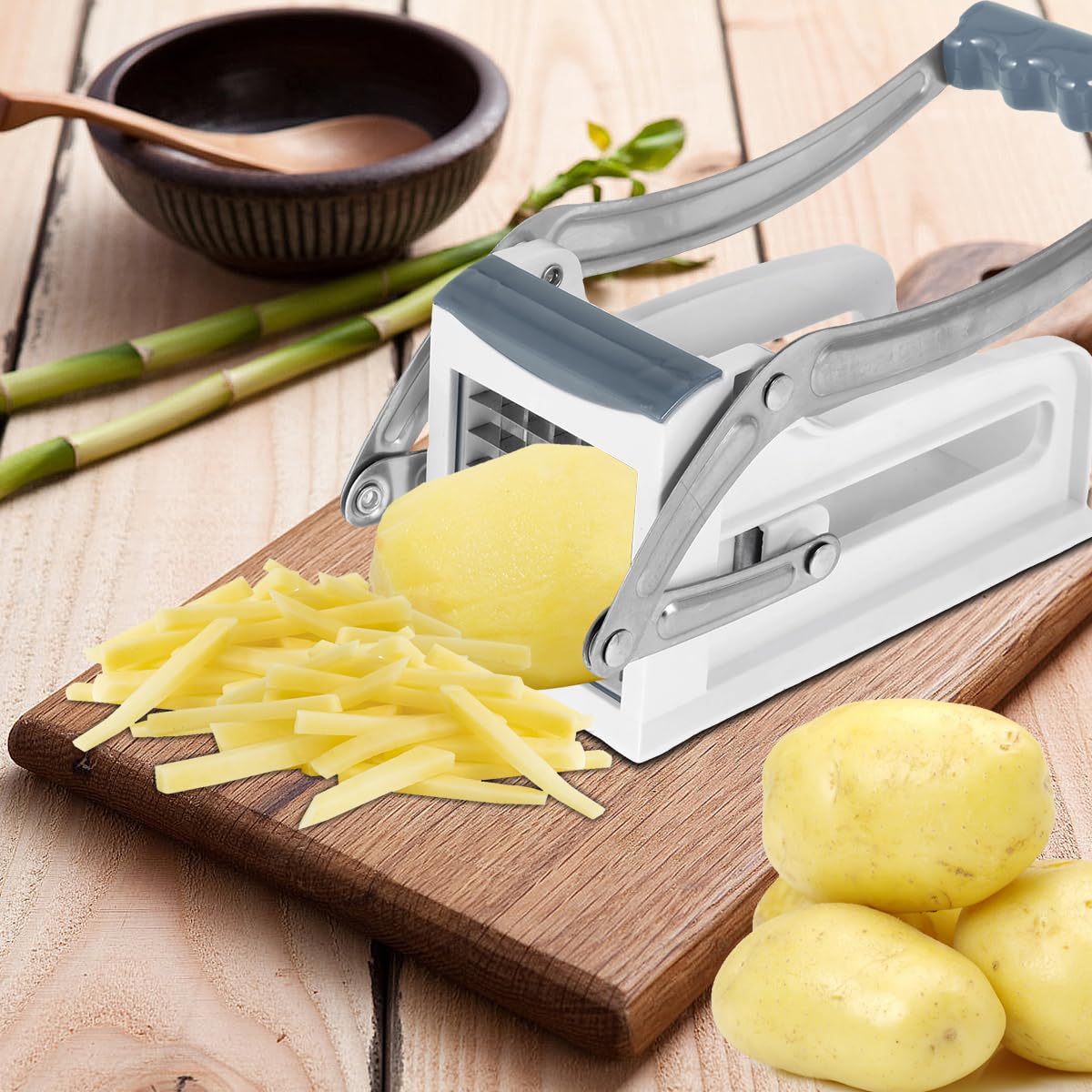 HSHGZSR French Fry Cutter Multifunction Potato Chipper Stainless Steel Cutting Potato Chip Cutter Handheld Vegetable Fruit Chipper Manual Food Slicer Dicer with 25/49 Holes Blades for Potato (blue)