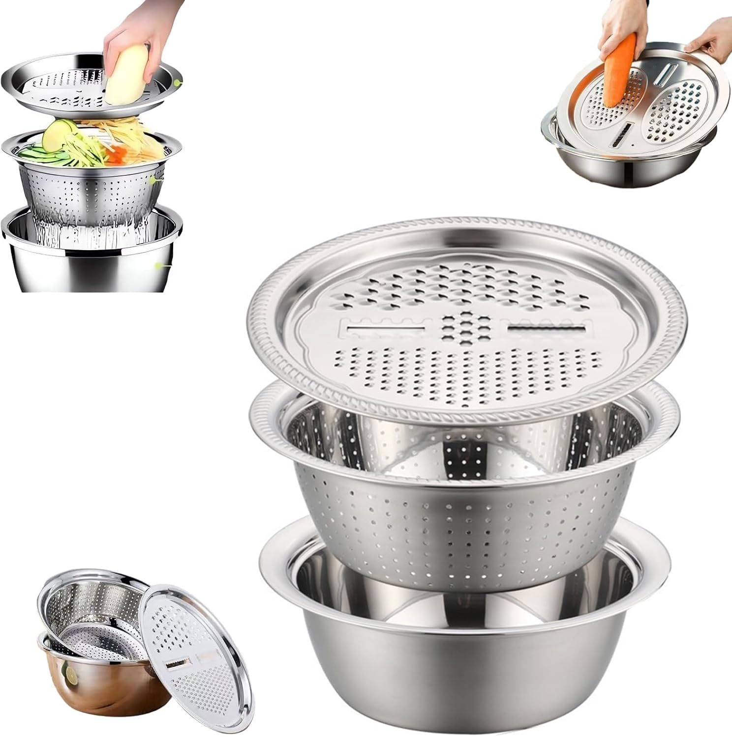 LESSO 3-in-1 Multifunctional Stainless Steel Basin with Grater & Strainer, Professional Shredding & Drainage Chopping Basin