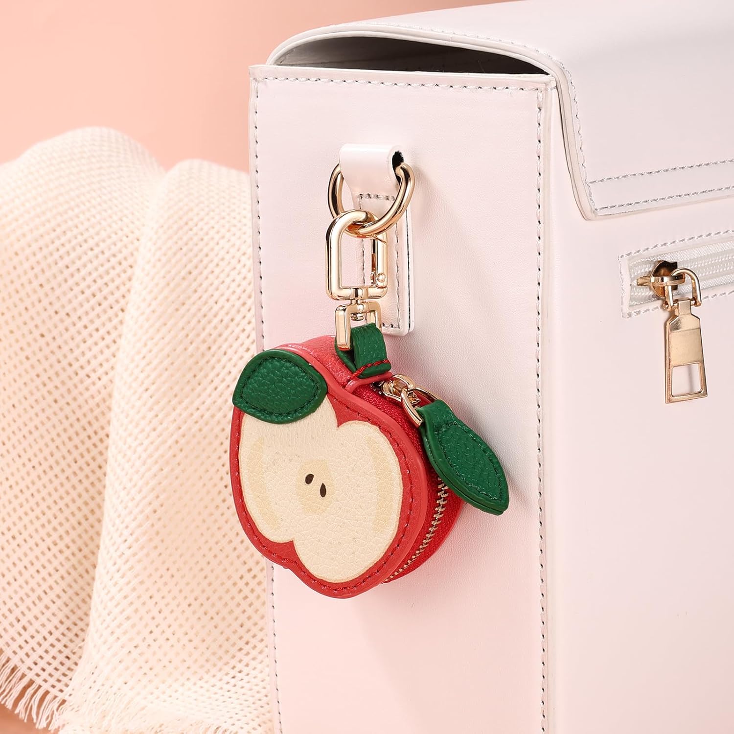 Cute Fruit Coin Purse Charm, Mini Fruit Leather Bag Key Ring Keychain Y2K Zipper Purse Pouch Keyring for Women Coin Storage Gift Backpack Handbag Accessories (Apple) - Image 4