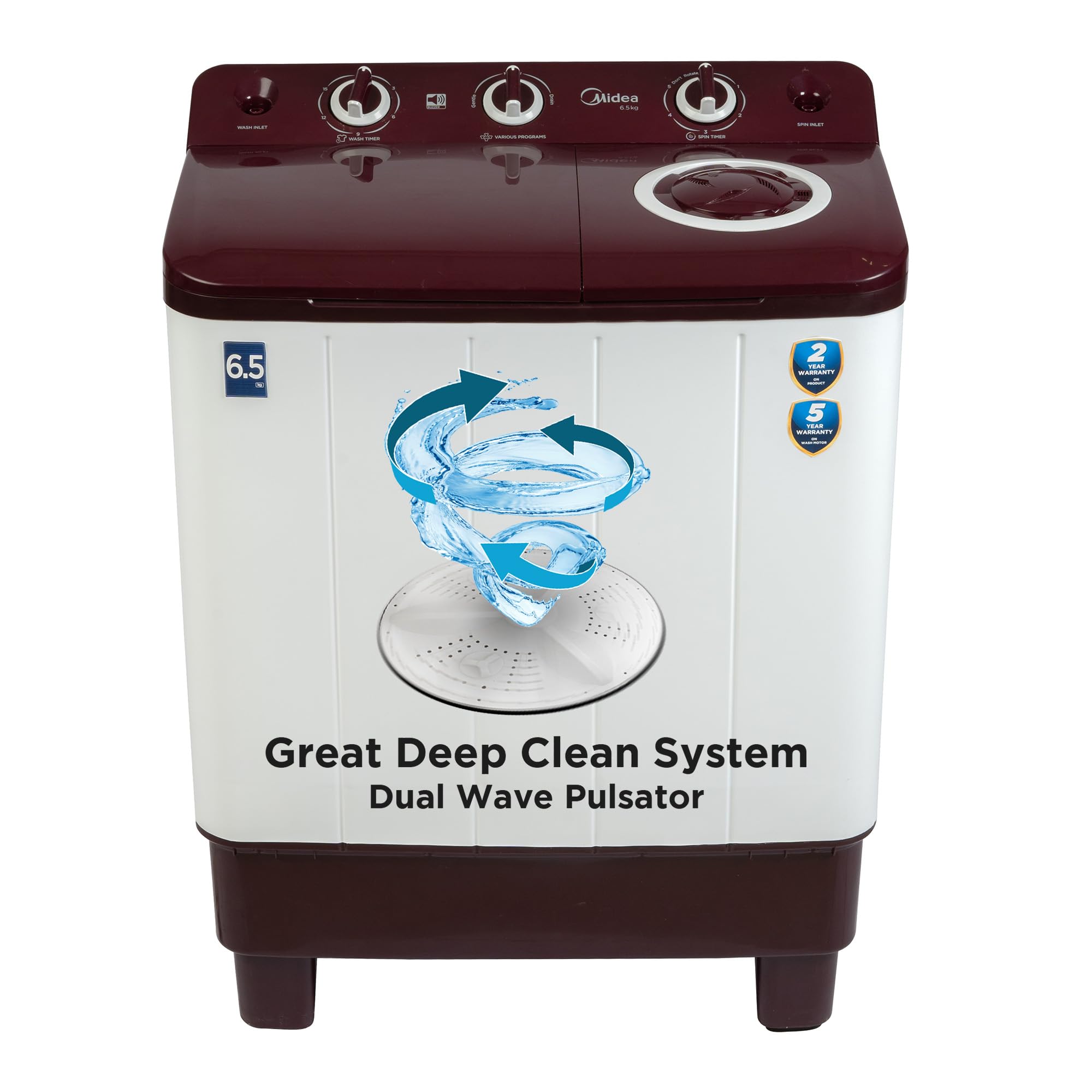Midea 6.5 KG Semi Automatic Top Loading Washing Machine Appliance, Rust proof Body, Air Dry Function with 1350 RPM (MWMSA065PCH, Maroon White)