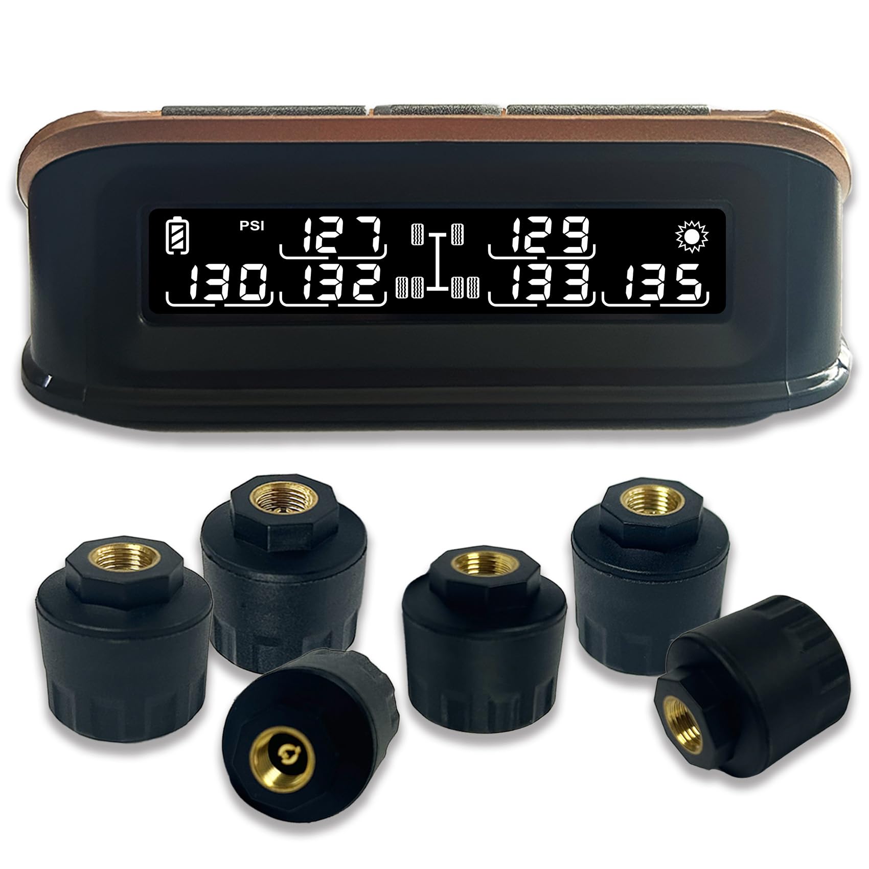 RV/Trailer Tire Pressure Monitoring System M6 TPMS (0-199 PSI) 6 sensors Champaign Gold Tire Pressure Monitor System-4℉~176℉ with Solar Charger, USB Rechargeable TPMS
