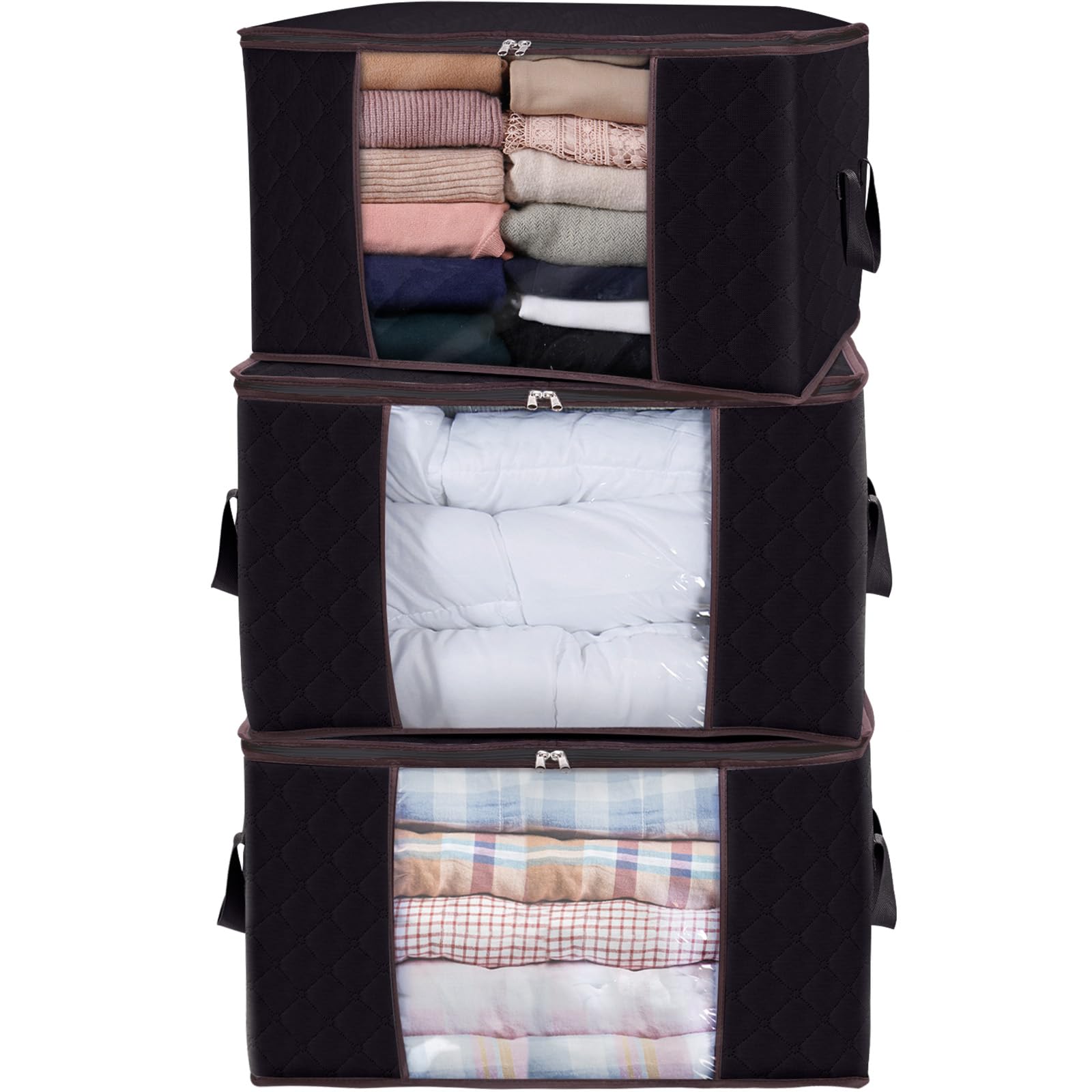 LifewitLarge Capacity Clothes Storage Bag Organizer with Reinforced Handle Thick Fabric for Comforters, Blankets, Bedding, Foldable with Sturdy Zipper, Clear Window, 3 Pack, 90L, Black